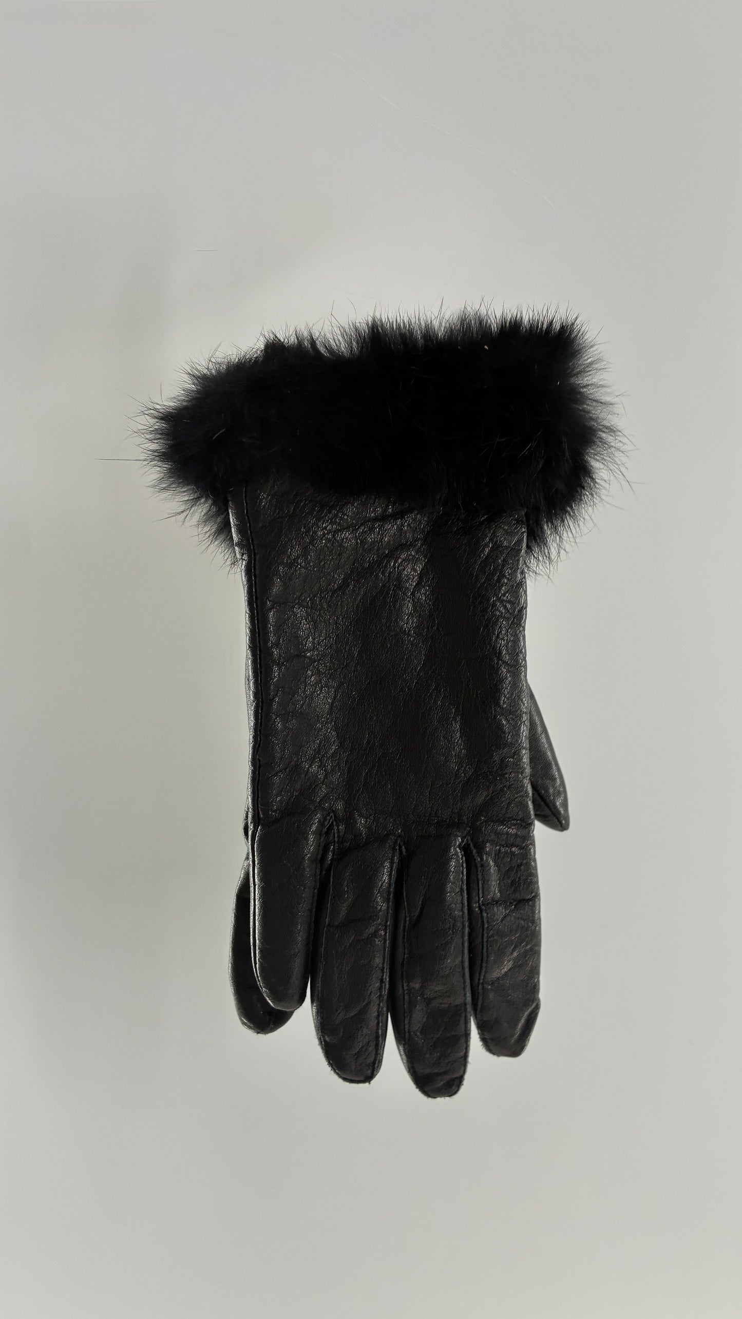 Vintage Black Genuine Leather Gloves with Rabbit Fur Trim