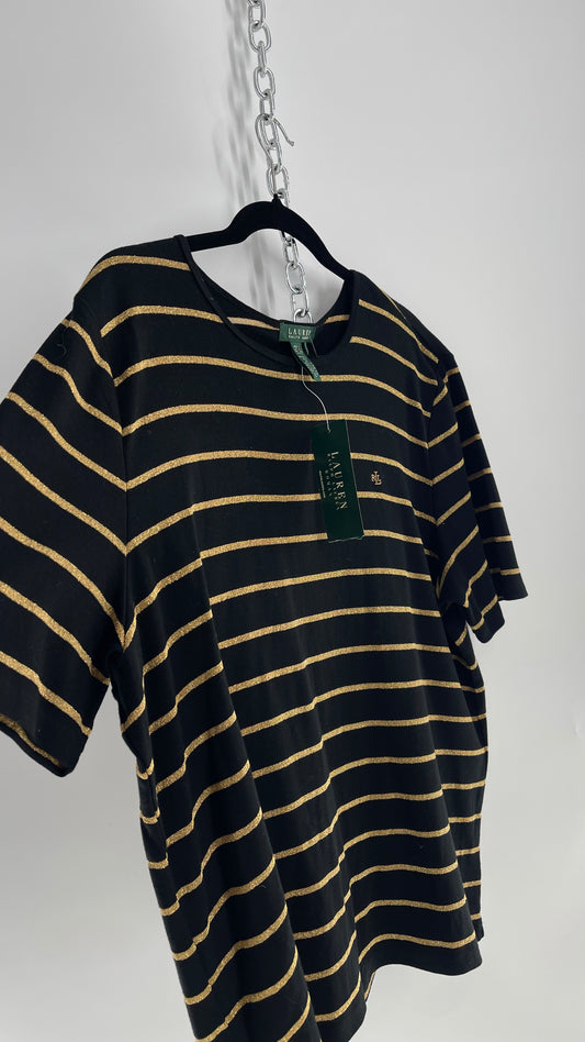 LAUREN Ralph Lauren Gold Glitter Striped T Shirt with Tags Attached (2X)