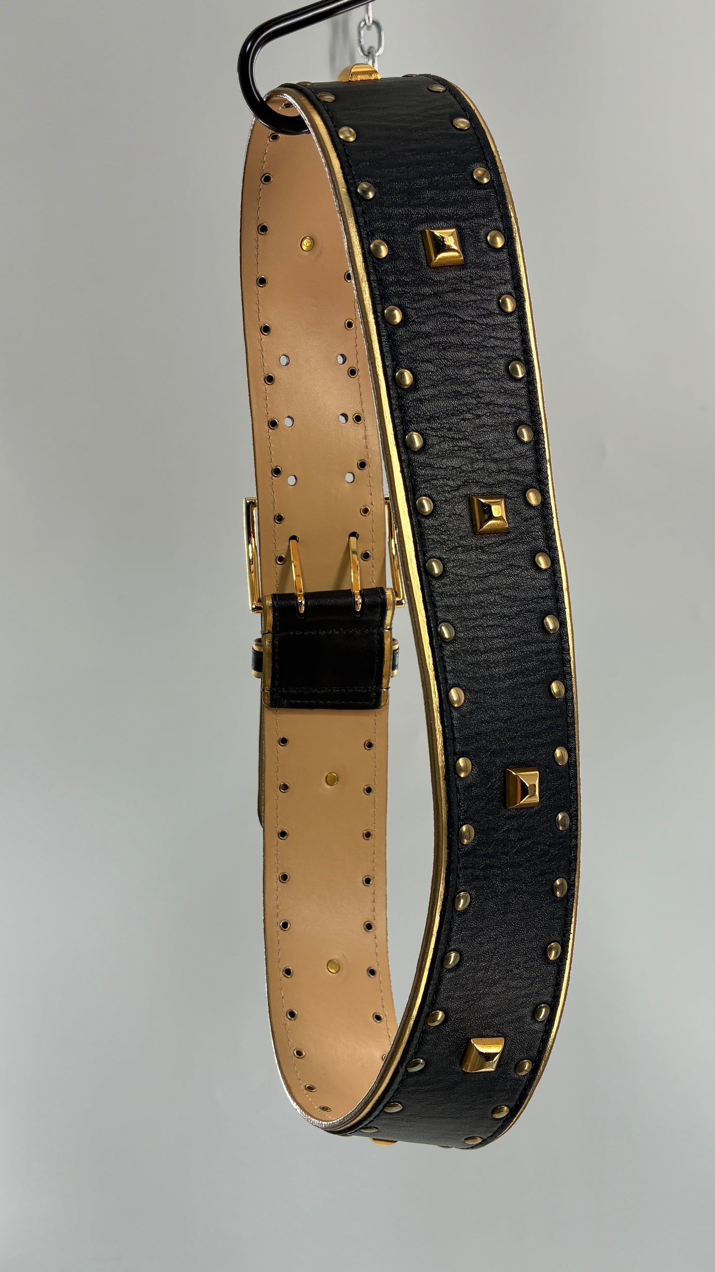 Vintage Wide Black Genuine Leather Belt with Studded Detailing and Oversized Buckle
