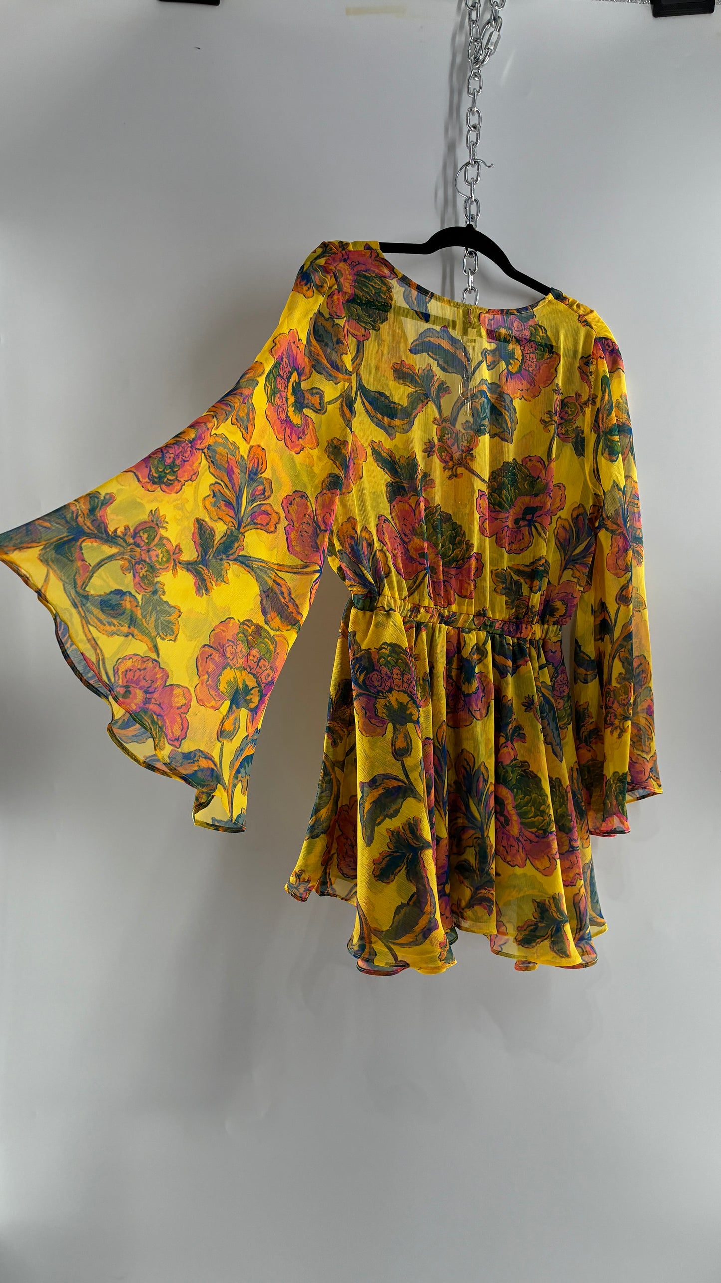 MISA Los Angeles KAIA Yellow Floral Bell Sleeve Long Sleeve Top/Micro Mini Dress with Tags (Small)