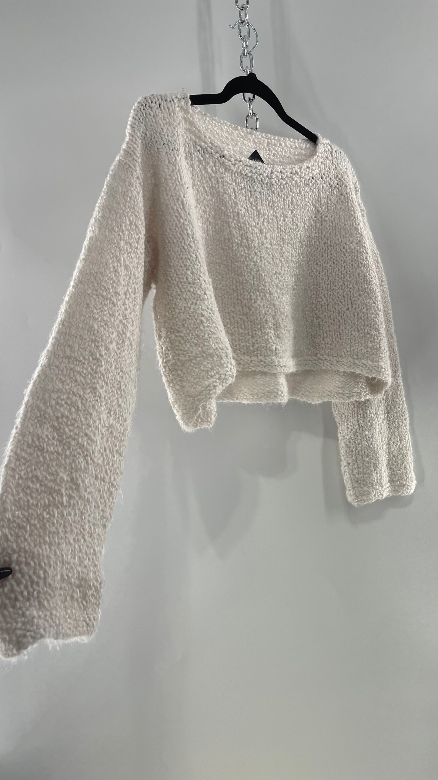 White Slouchy Comfy + Cozy Knit Cropped Sweater (M)