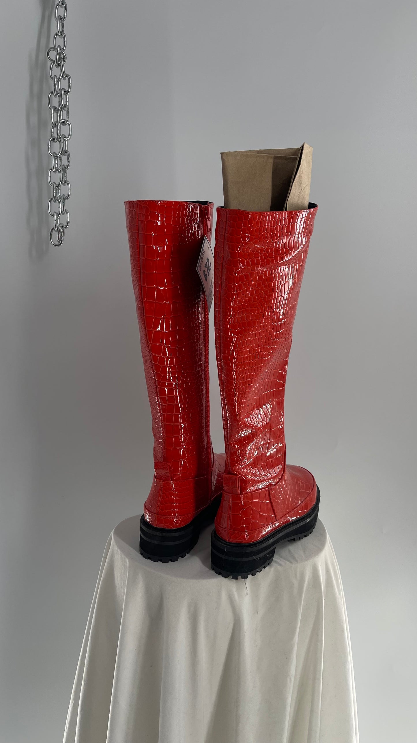 Urban Outfitters Orange Crocodile Embossed Knee High Boots (6)