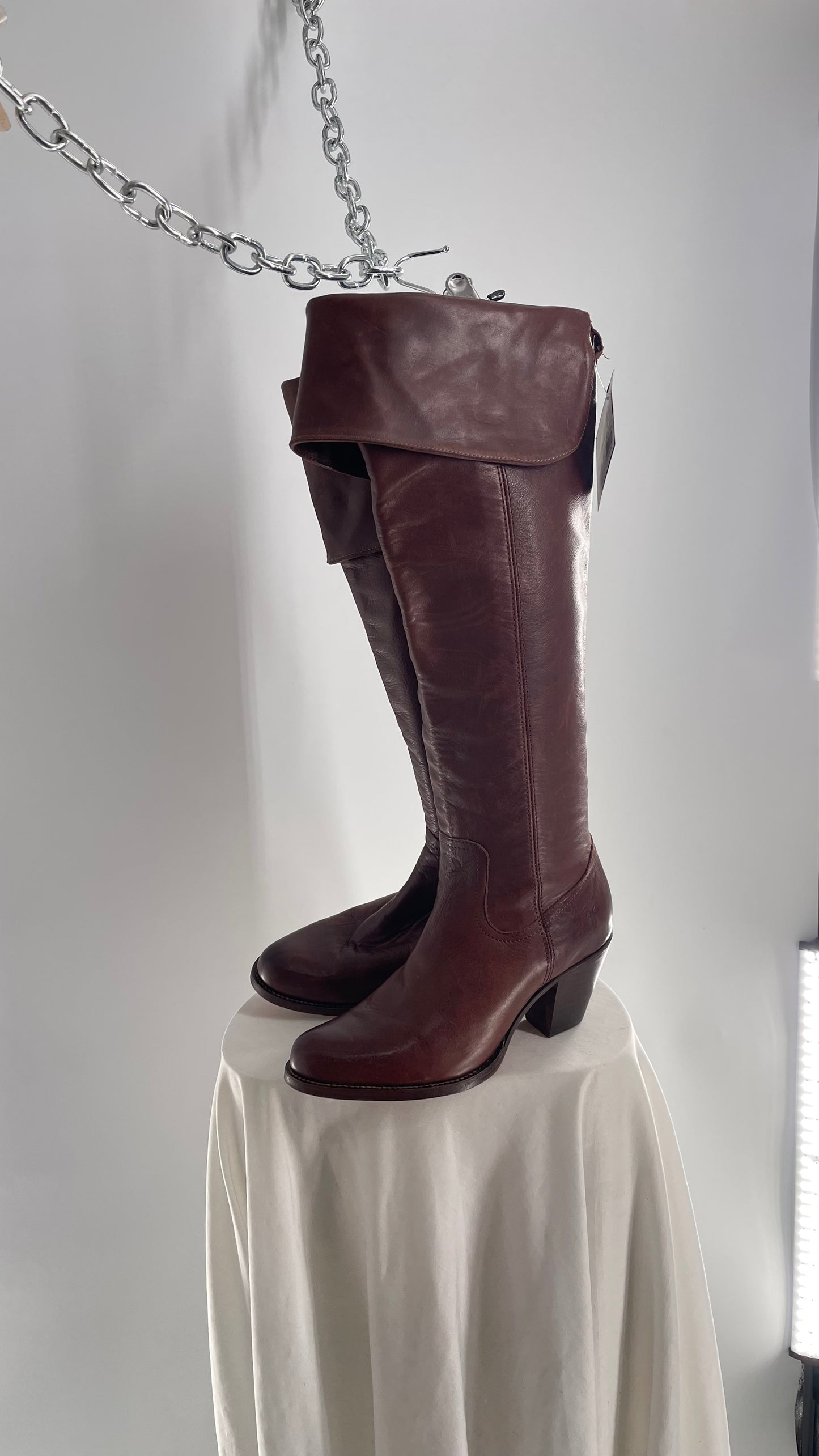 Vintage FRYE Brown Leather Fold Over Thigh High Round Toe Boots (8)