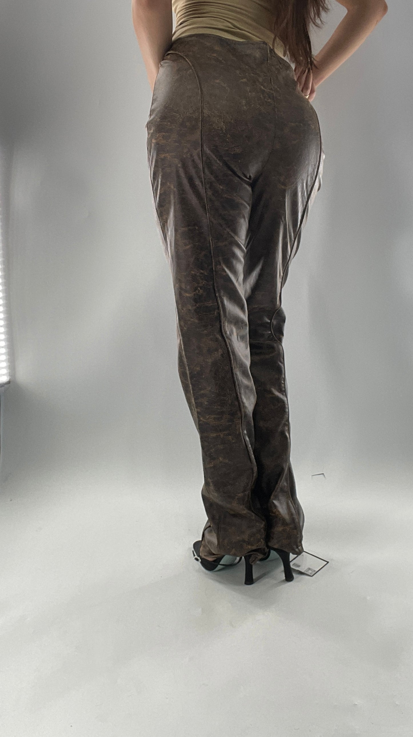 Vegan Brown Leather Kick Flares with Panel Details (Large)