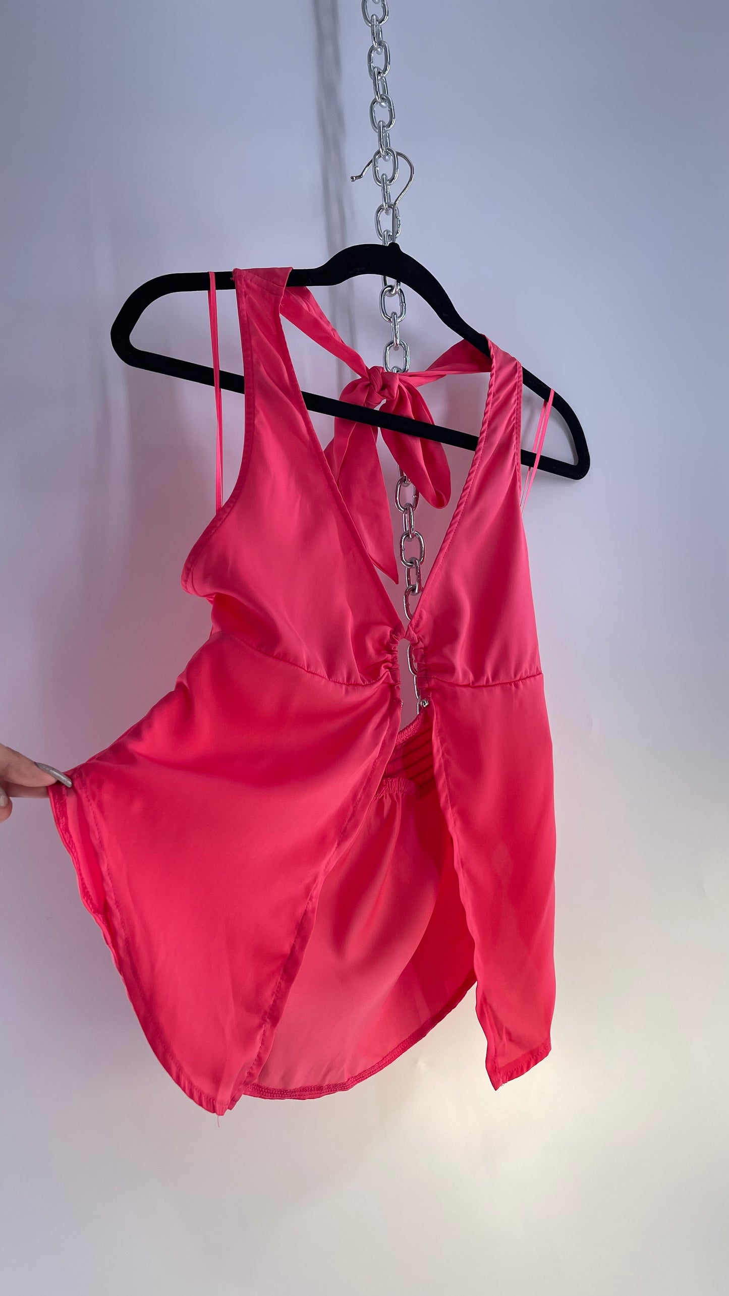 Free People Hot Pink Silky Vented Halter with Silver Metal Bust Detail (Small)