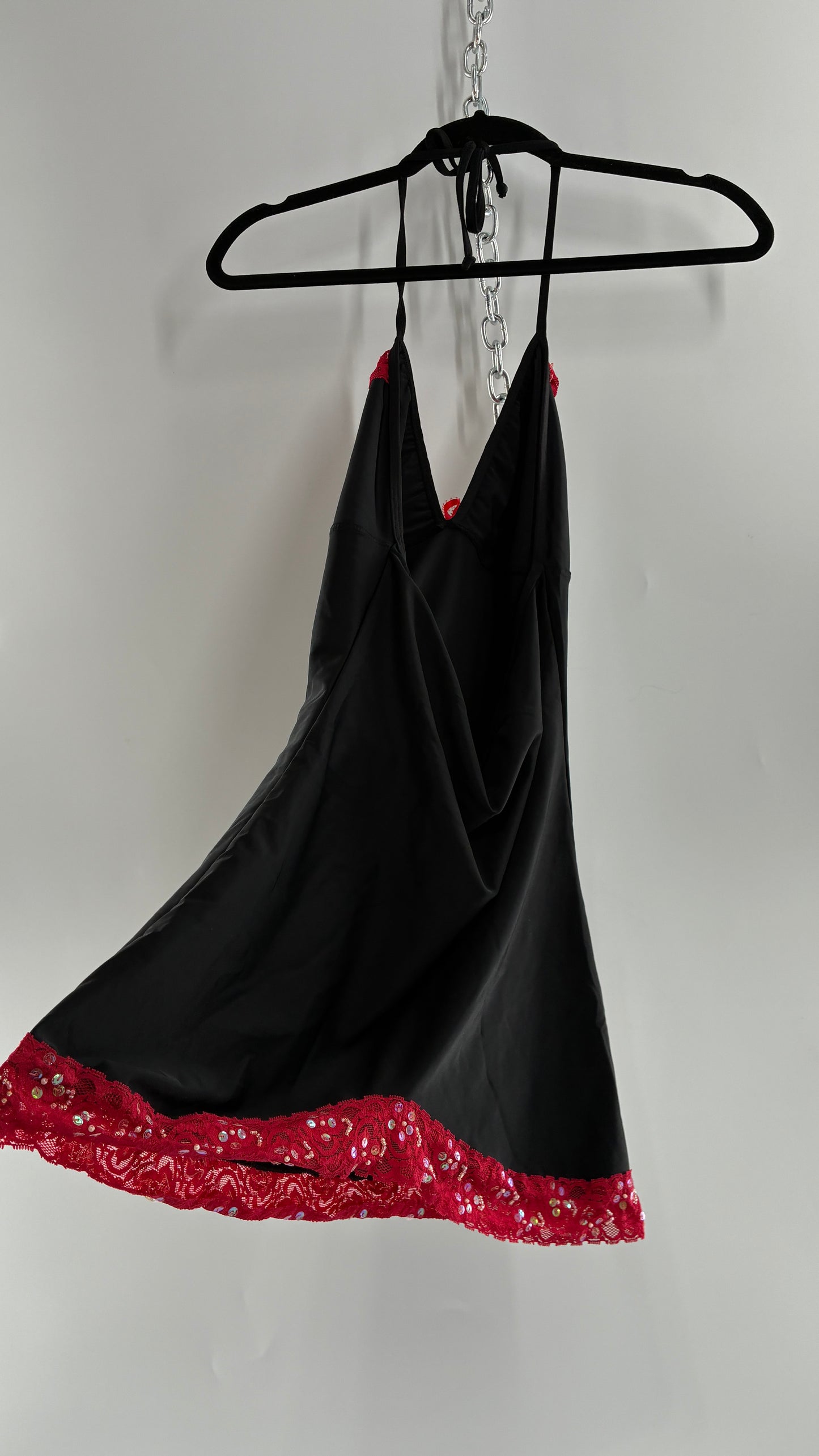 Vintage PROMISCUOUS Black Camisole Slip with Red Ruffled Sequin Lace and Scalloped Bum  (XL)