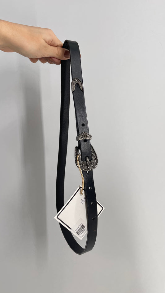 Skinny Black Leather Western Buckle Belt (XS/S)