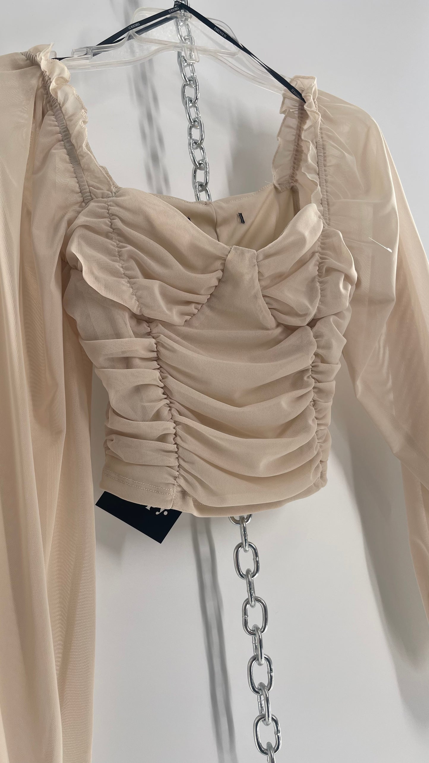 Beige Ruched Corseted Balloon Sleeve Blouse (Small)