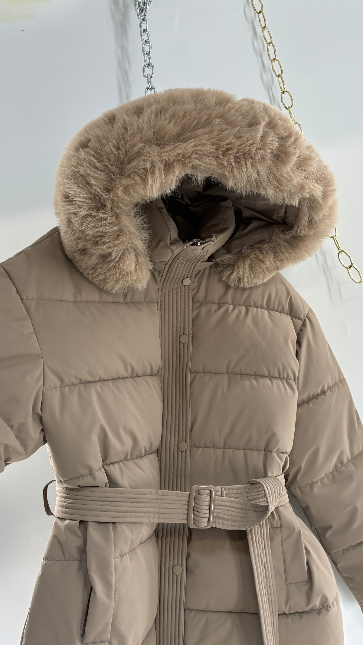 KATCH ME Taupe NWOT Bubble Coat with Exaggerated Vegan Fur Lined Hood NWOT (XL)