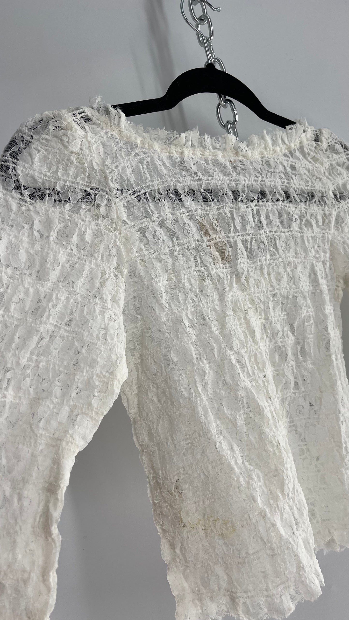 Free People White Smocked Lace Long Sleeve with Eyelet Closure (Large)