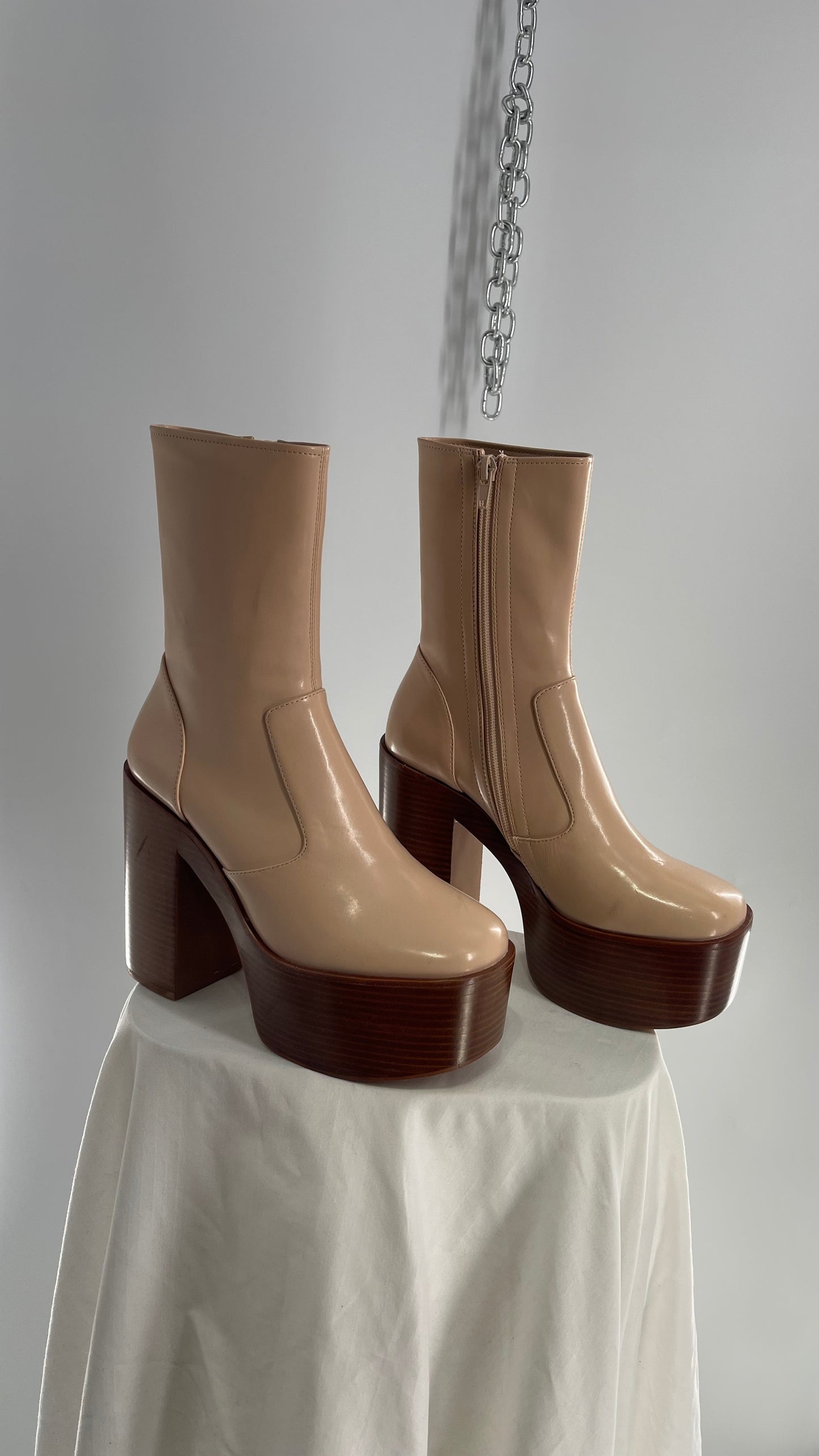 Free People X Jeffrey Campbell Mexique GoGo Boots • Beige Patent Boot with Wood Grain Chunky Block Heel and Platform  (8)