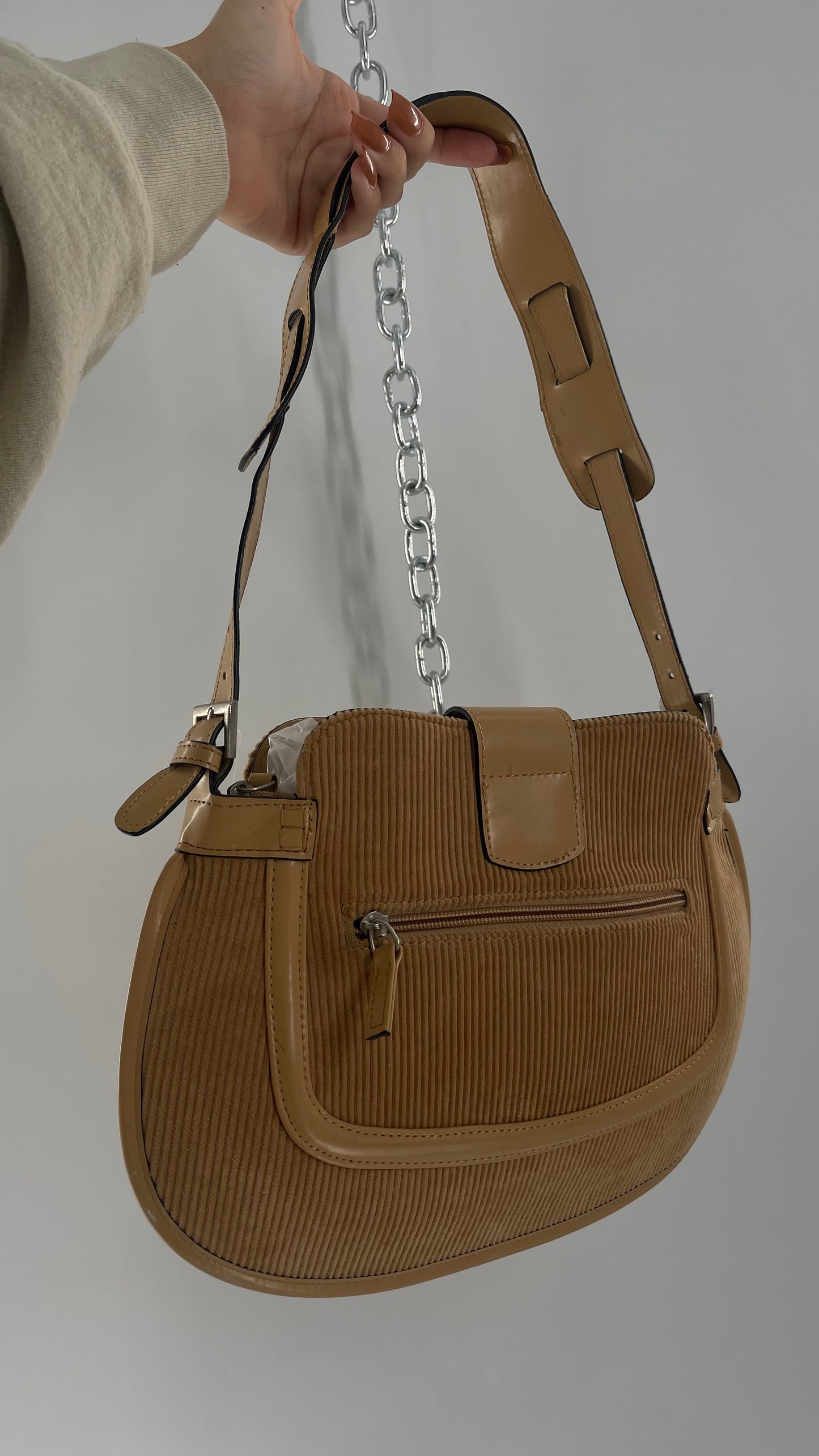 Vintage Tan Corduroy Bag with Buckle Closure