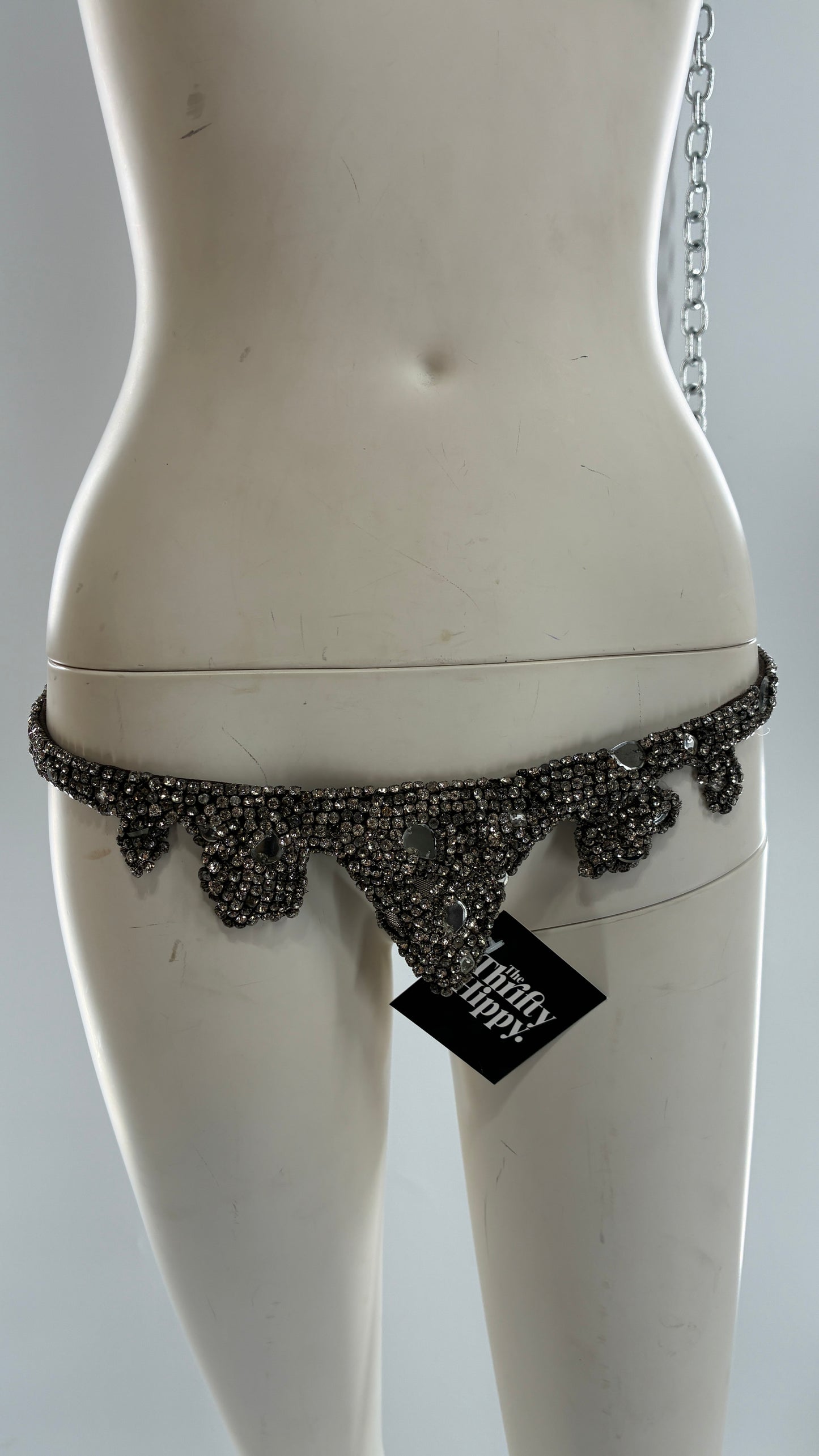 Vintage Brown Suede Leather Scalloped Belt Covered in Rhinestones and Heavy Ornate Beading