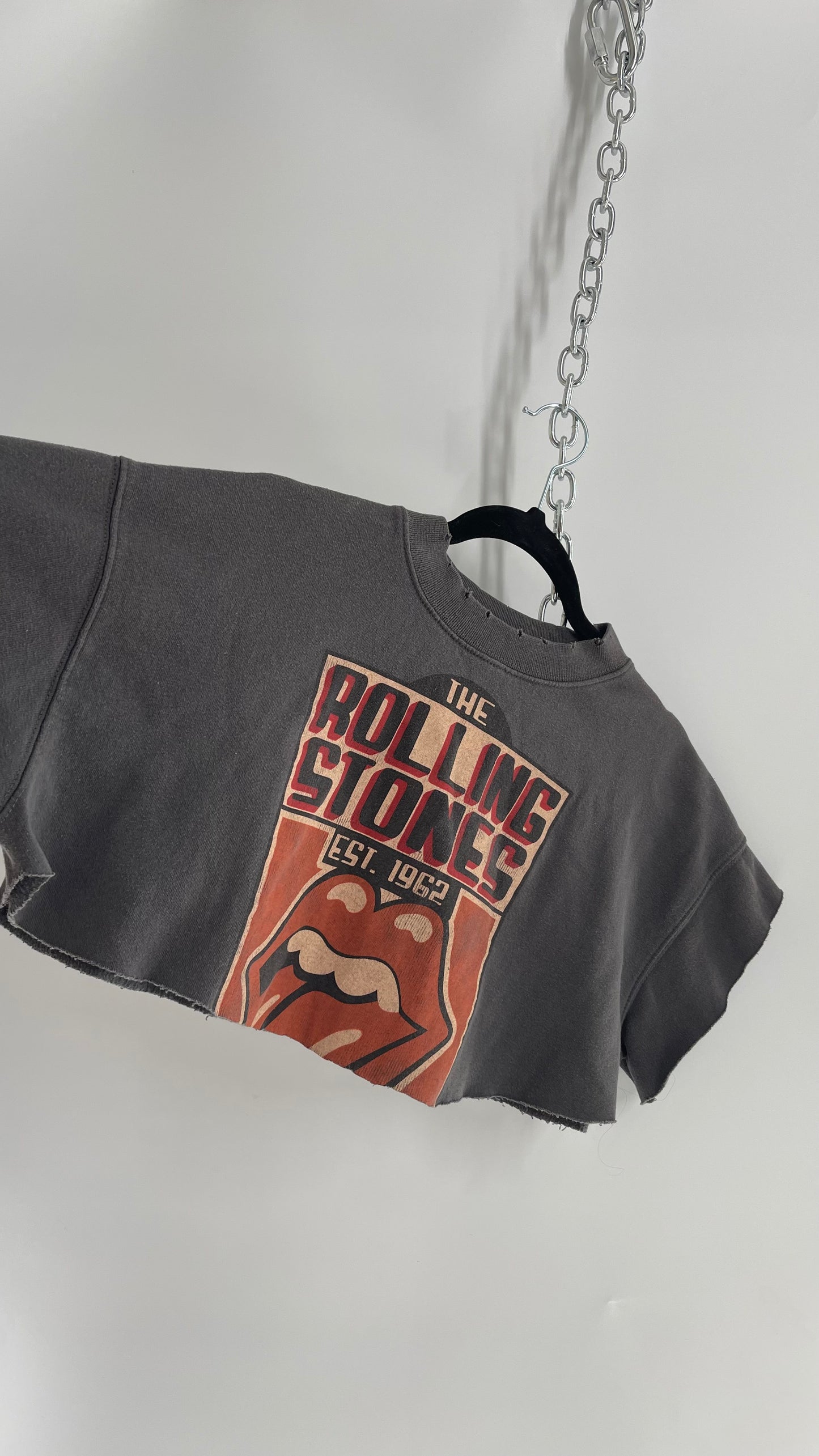 Rolling Stones Charcoal Grey Cropped Graphic Distressed Sweater (XS)