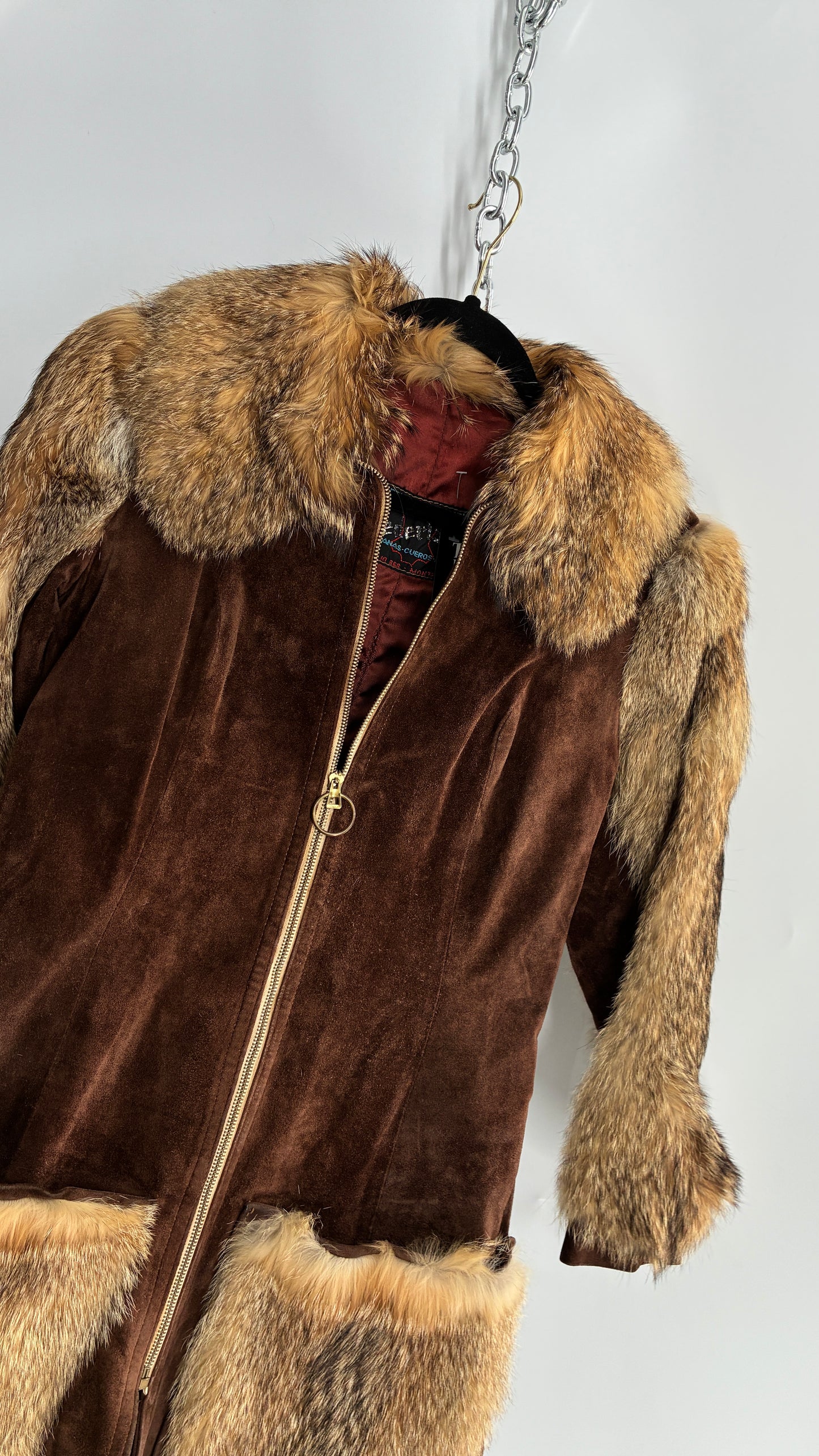 Vintage Cederland 1970s Genuine Suede Leather Coat with Fur Pockets, Sleeves, and Collar (44)