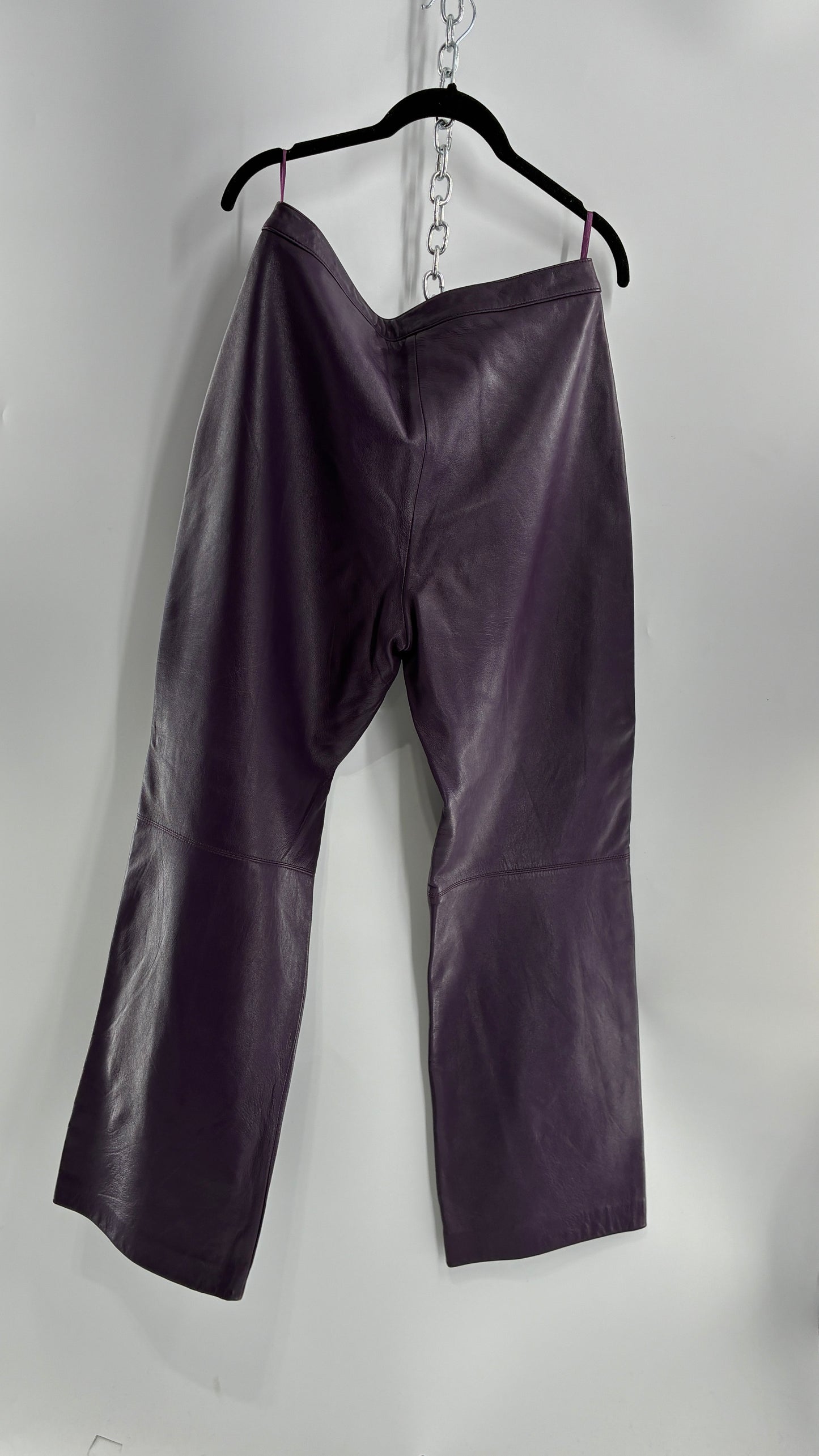 Vintage SHIN CHOI Genuine Italian Leather Purple Side Closure Low Rise Pants (12)