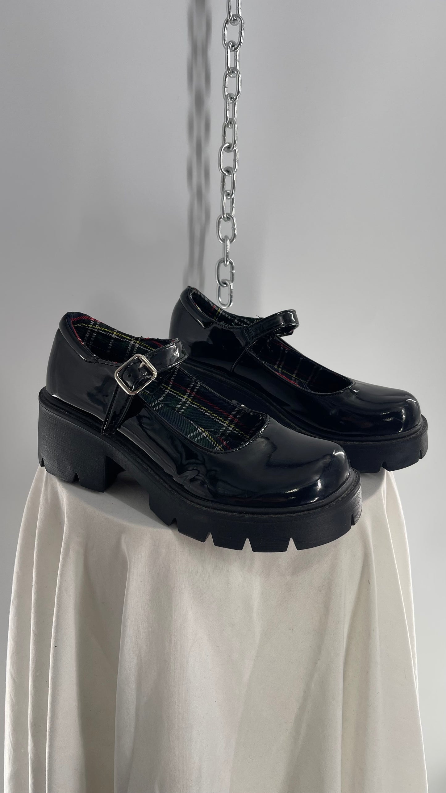 Black Patent Mary Janes with Chunky Platform and Plaid Lining (8)