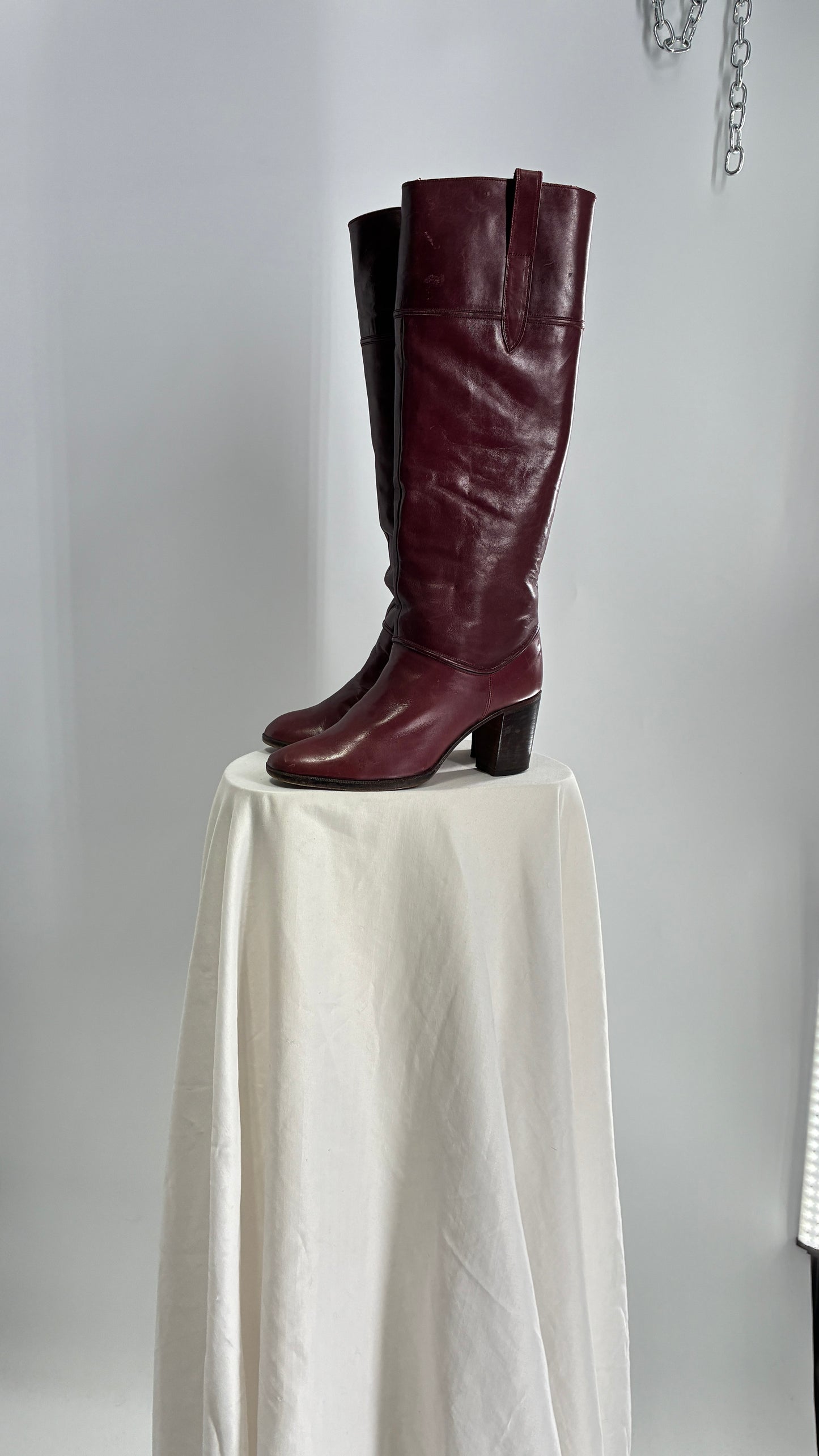 Vintage Red Leather Round Toe Knee High Boots Made in Spain Boots (38)