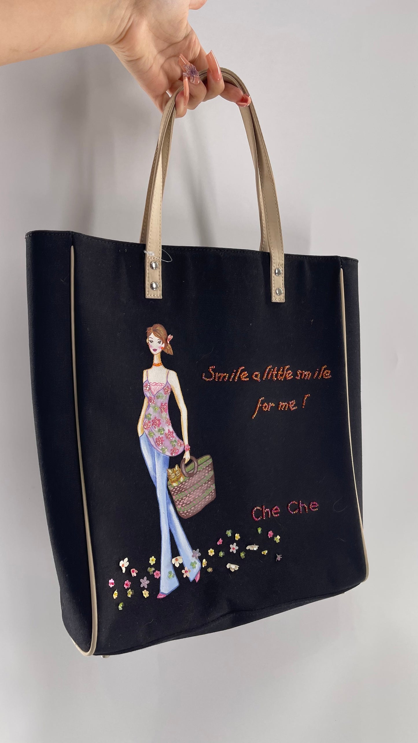 Vintage 1990s Che Che Black Tote Bag with Beaded “Smile a little smile for me!” Motif