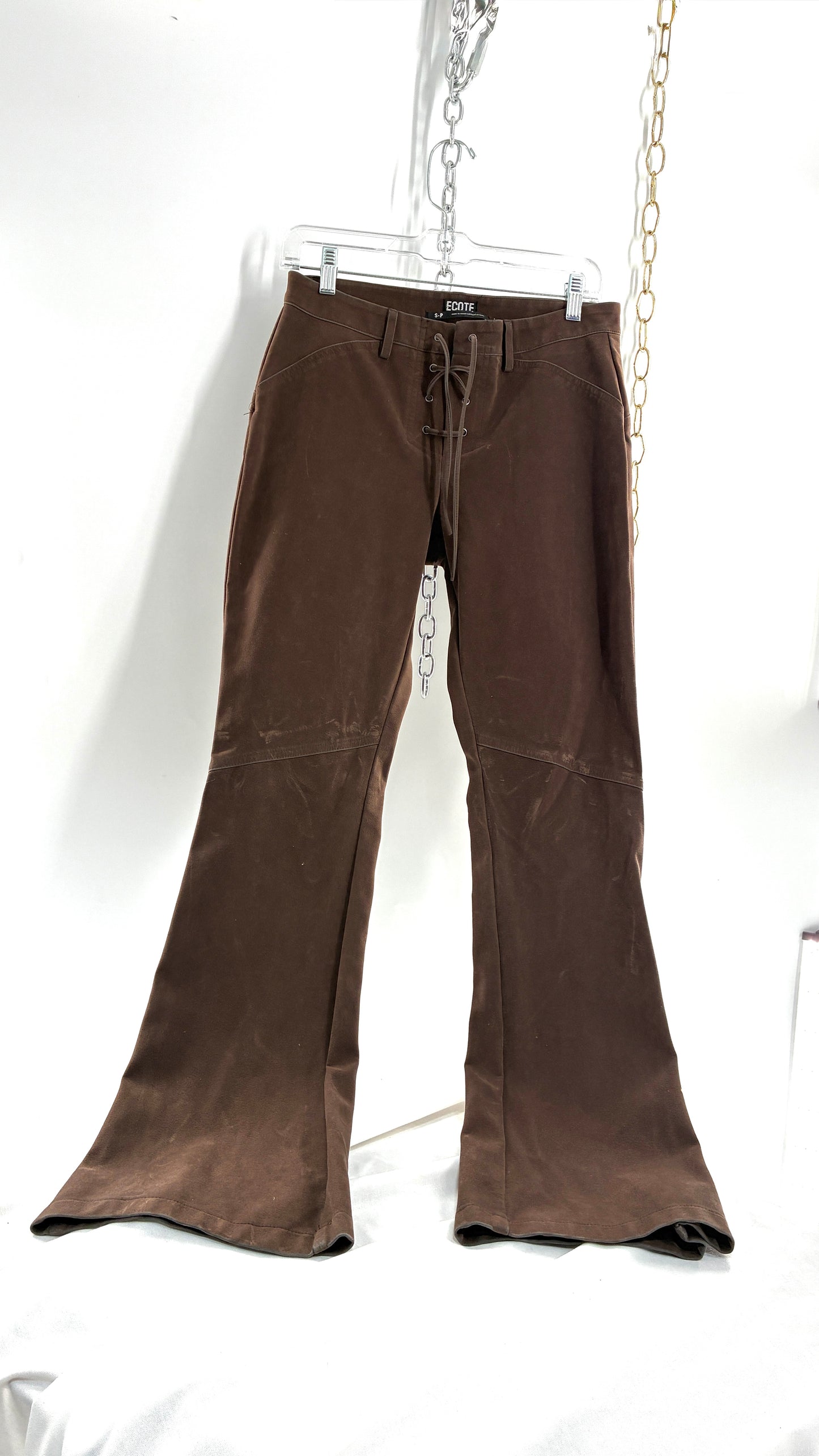 Vintage ECOTE Vegan Leather Velour Brown Lace Up Closure, Low Rise, Boot Leg Pants (Small)