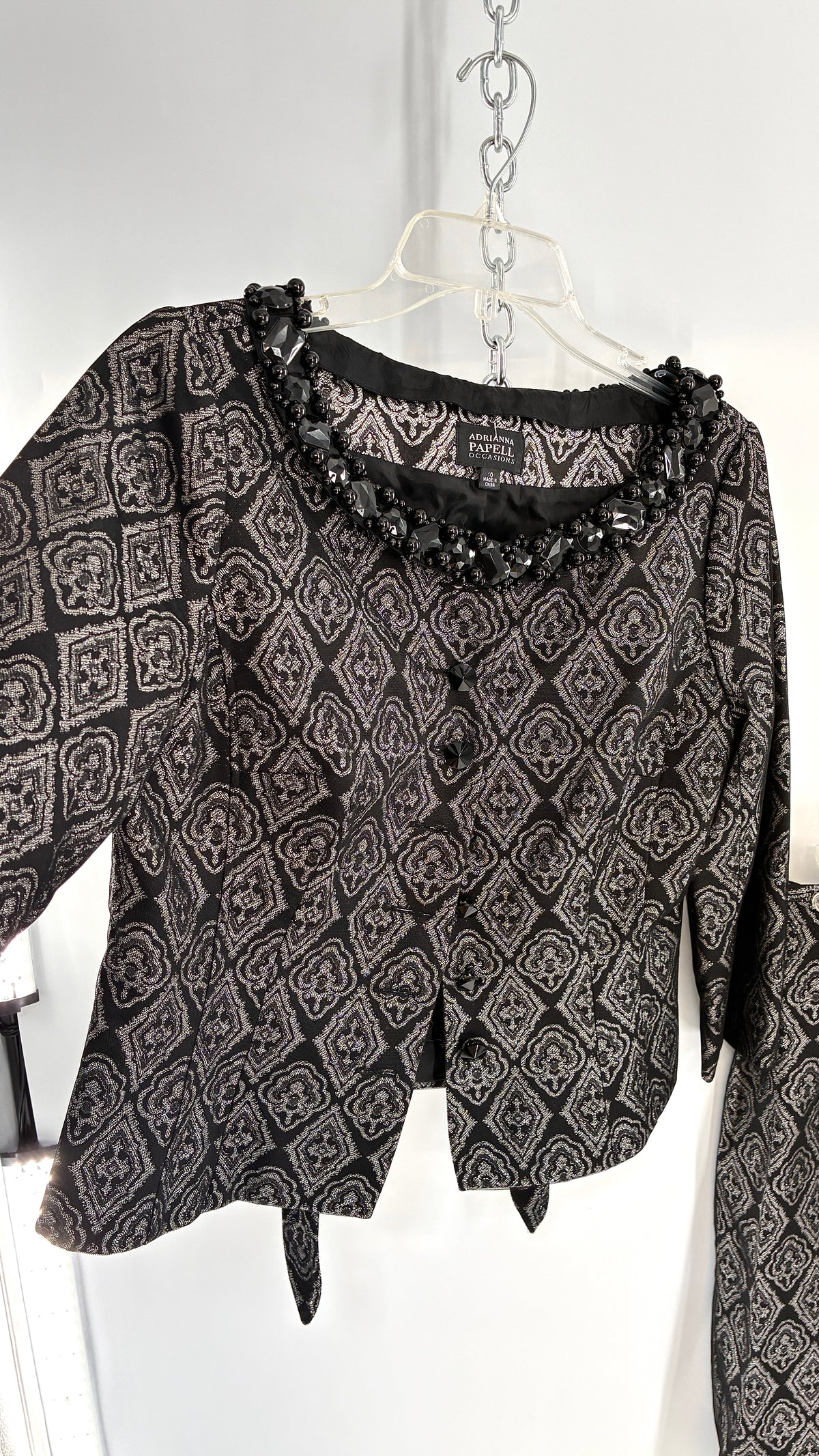 Vintage ADRIANNA PAPPELL Set with Brocade Underlay, Black Mesh Overlay, Waist Snatch, and Mini Skirt (10,8)