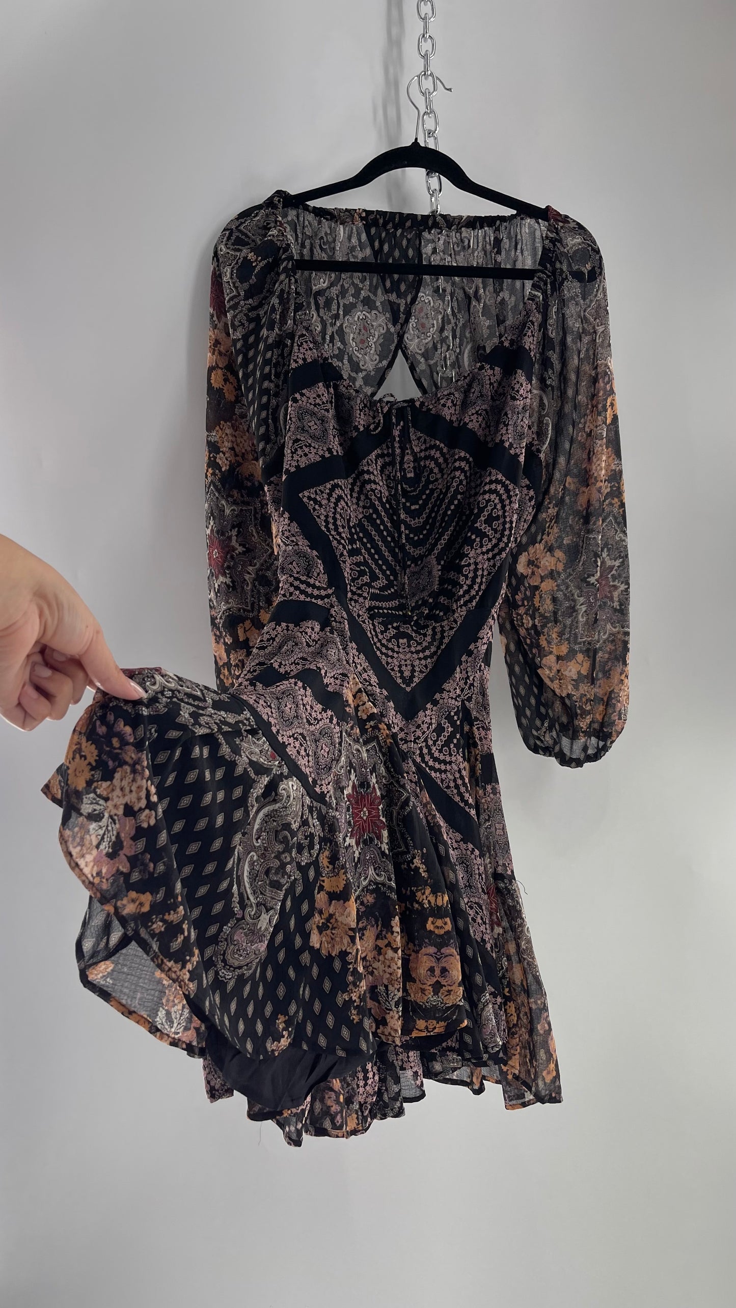 Free People Black Patterned Balloon Sleeve Backless Mini Dress with Tags Attached (XS)