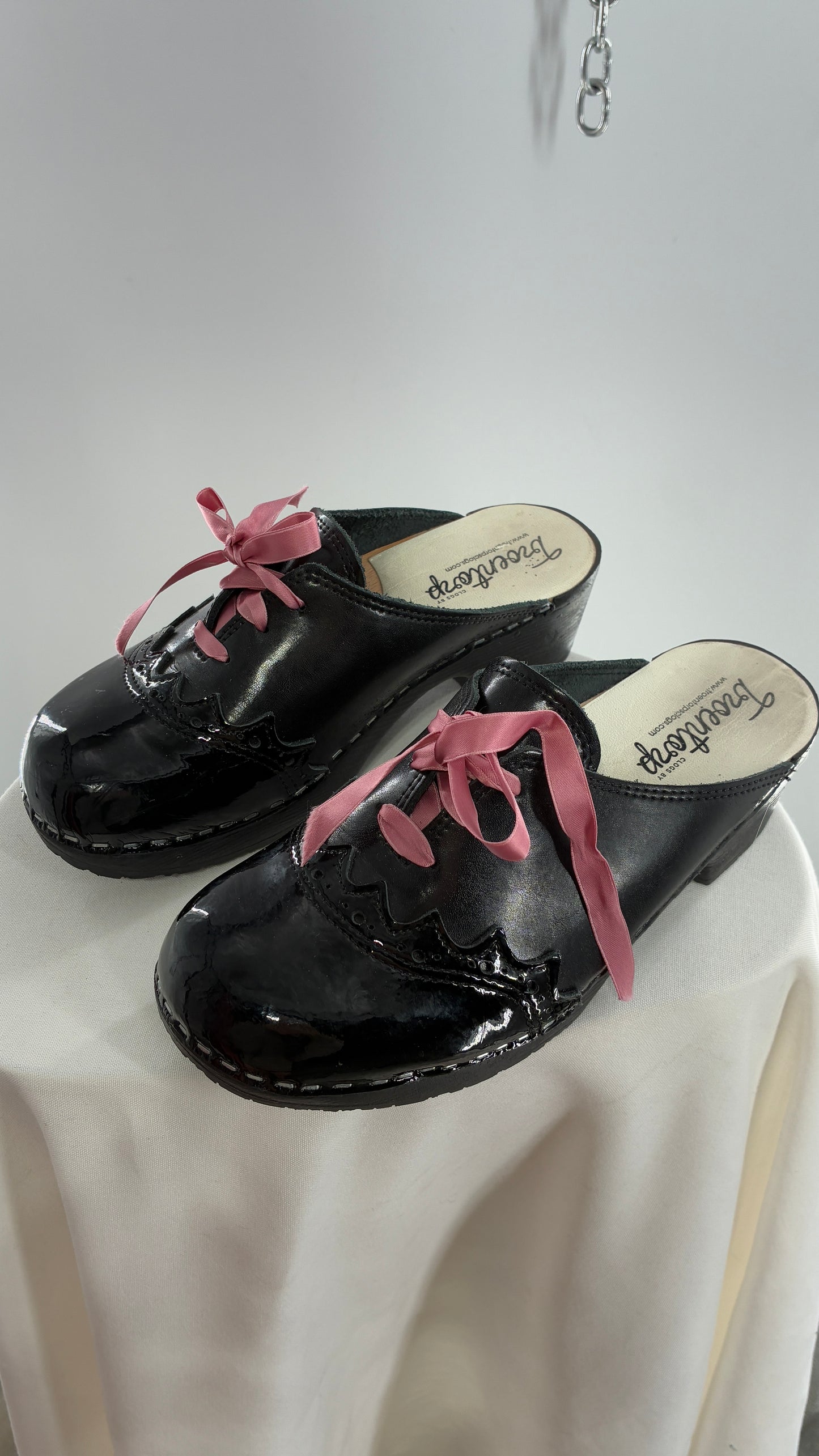 Vintage 1970s TROENTORPS Black Patent Leather Clogs with Ribbon Tie Detail (38)