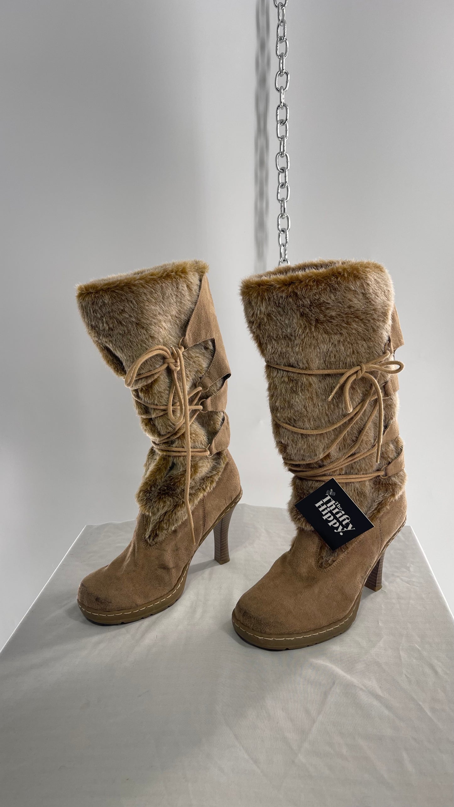 Vintage Round Toe Faux Fur Booties with Tie Up Details (7.5)