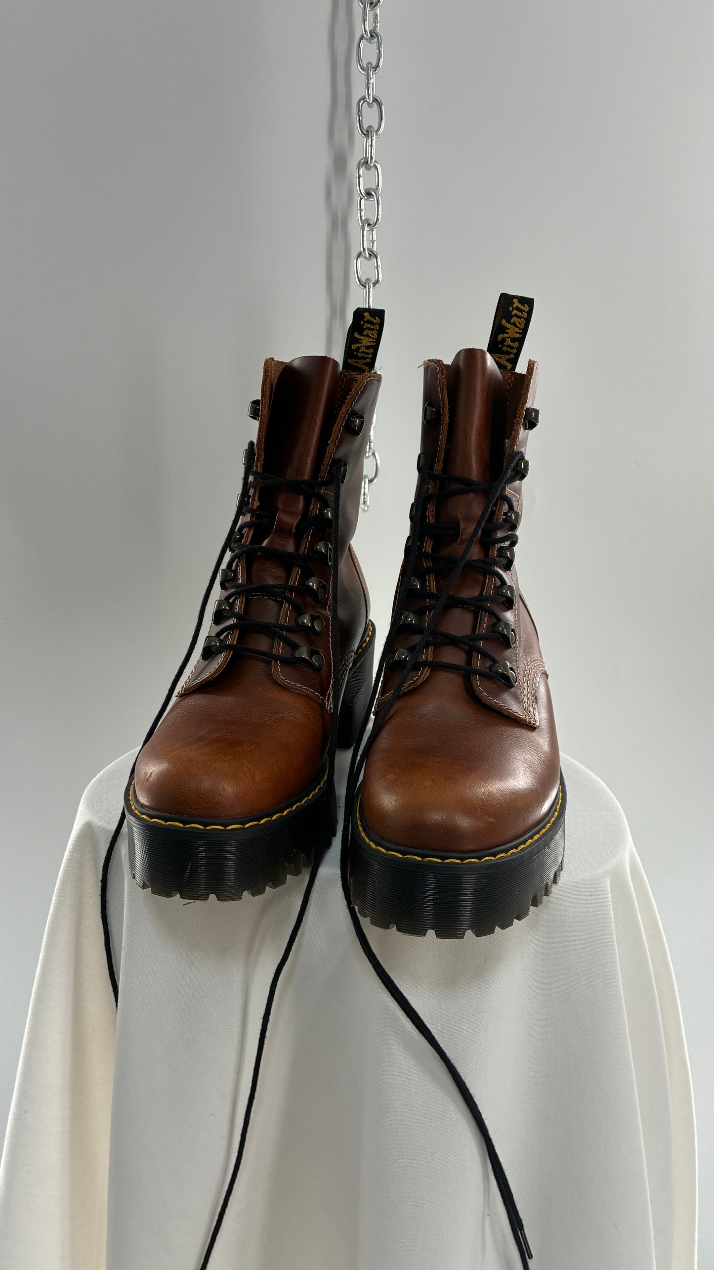 DR. MARTENS Leona Saddle Leather Platform Boots (9L)
