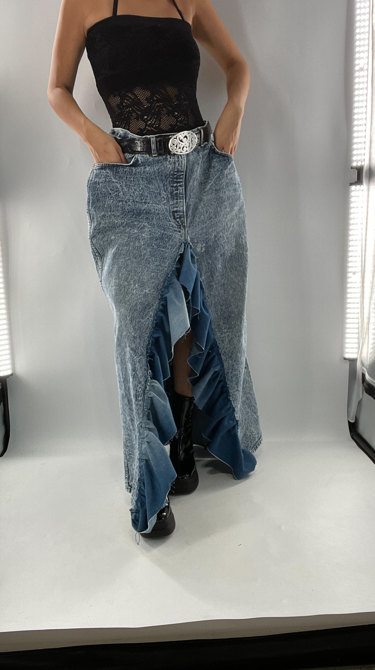 Custom Handmade Acid Wash Denim Slit Front Ruffled Skirt with Bow Bum (Large)