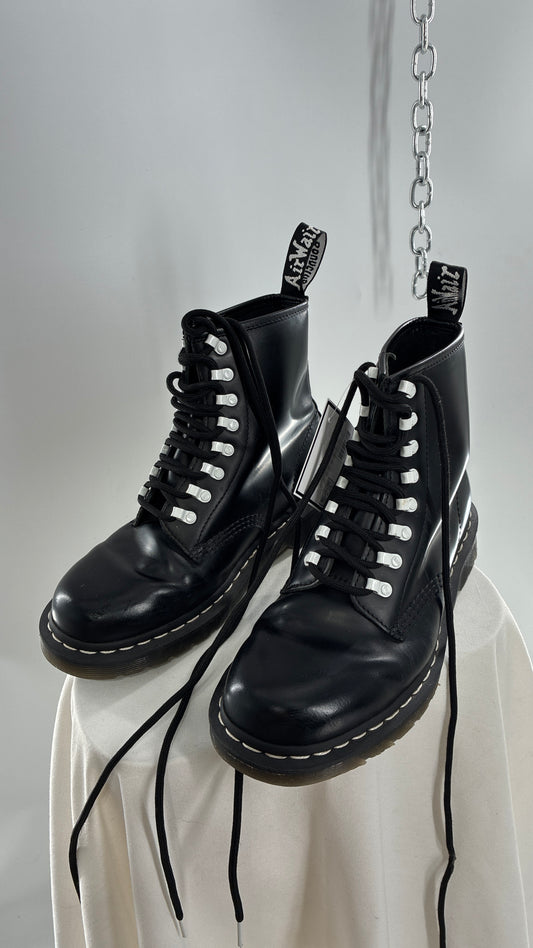 Vintage DR.MARTENS AirWair 1460 DISRUPT Black Patent Leather Boots with White Hardware (8L, 7M)