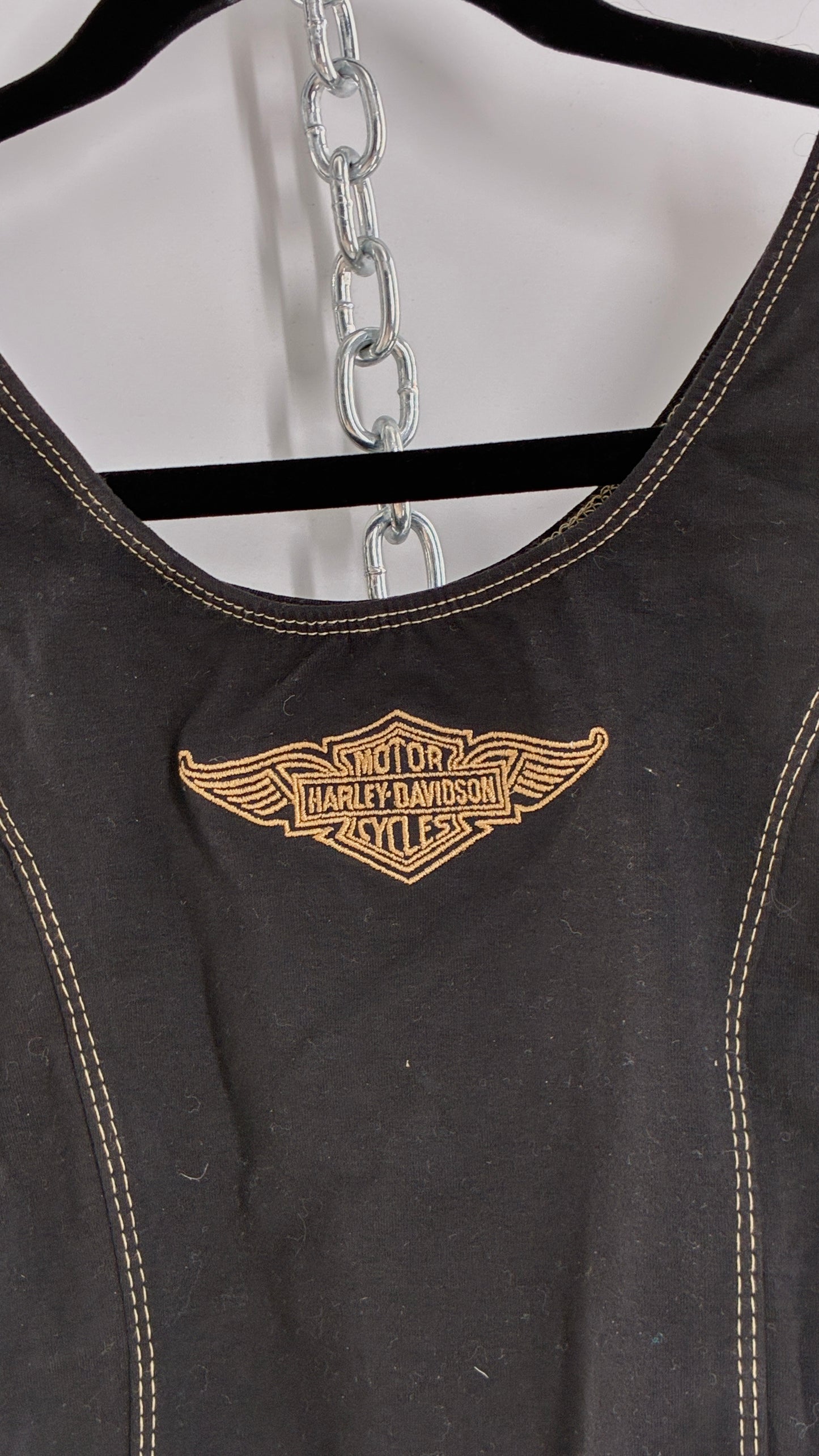 Vintage Deadstock Black Harley Davidson Long Sleeve Bodysuit with Contrast Tan Stitching (Small)