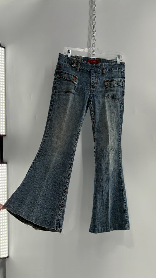 Vintage Pocket Side Low Rise, Kick Flare Jeans with Side Button Closure YMI (11)