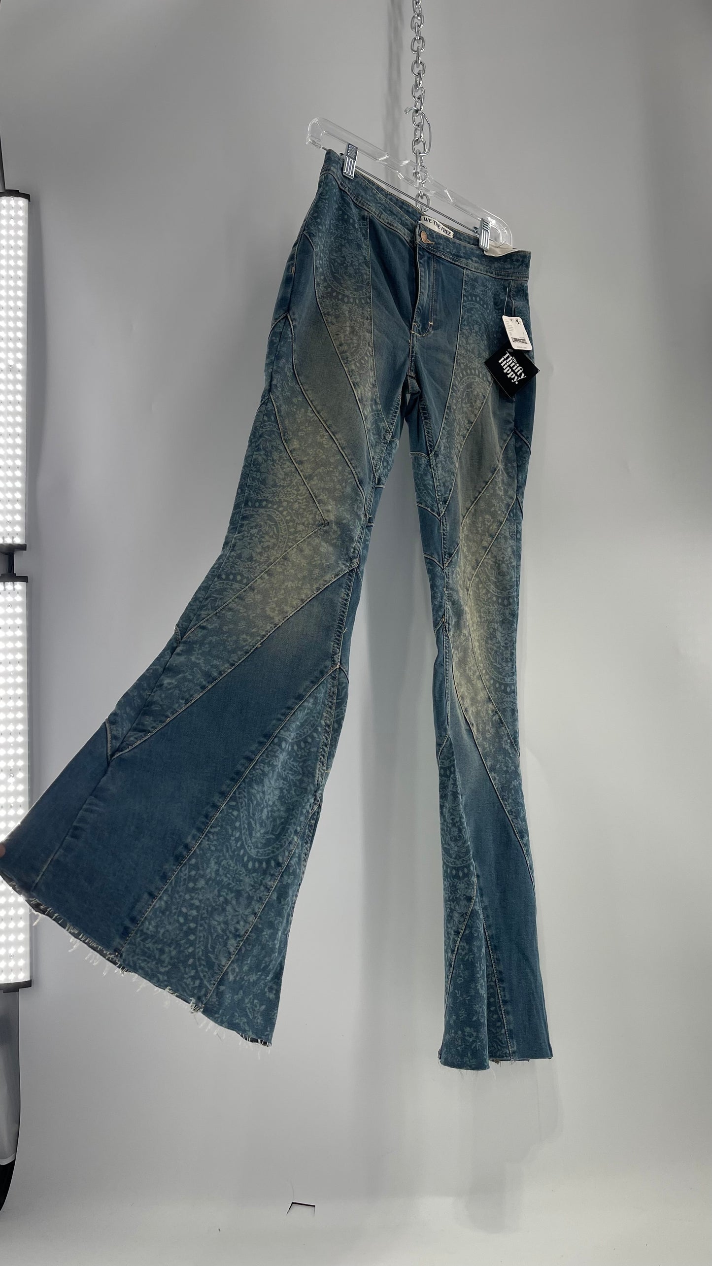 Free People Bell Bottom Kick Flare Paneled Patterned Jeans with Tags Attached (27)