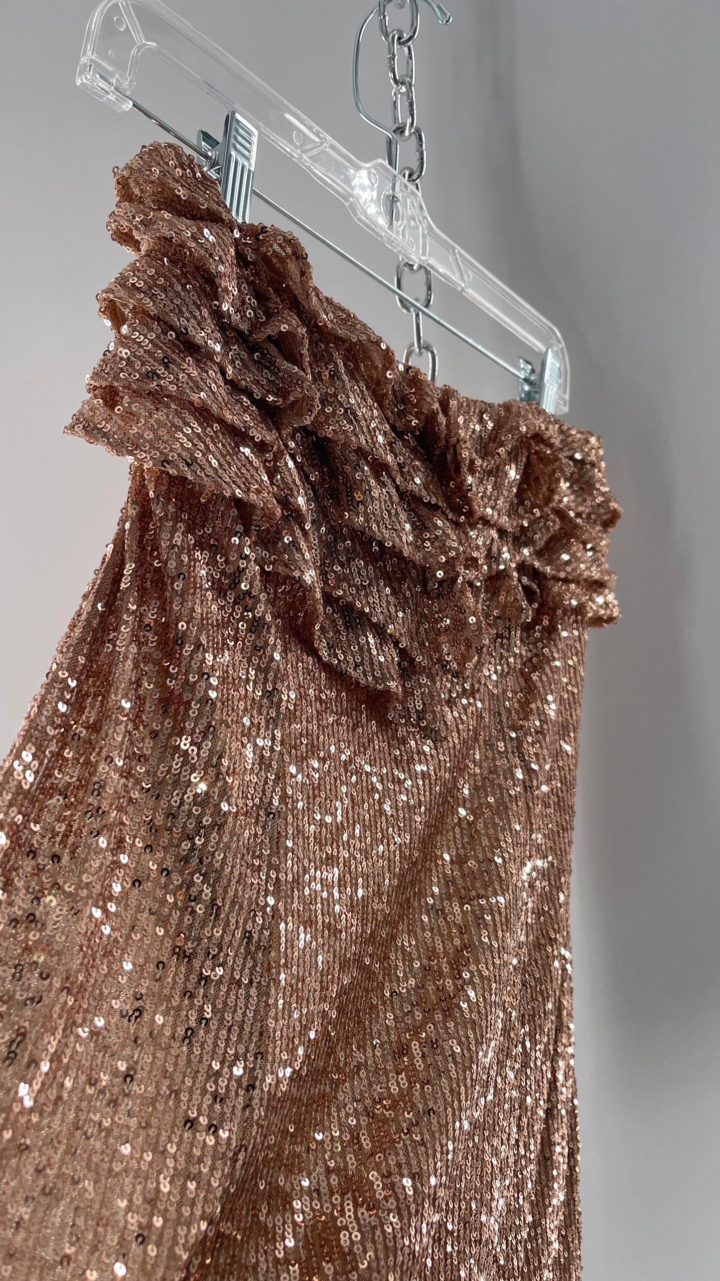 Free People Rose Gold Sequin Mini Dress with Ruffled Bust and Statement Back Zipper (4)