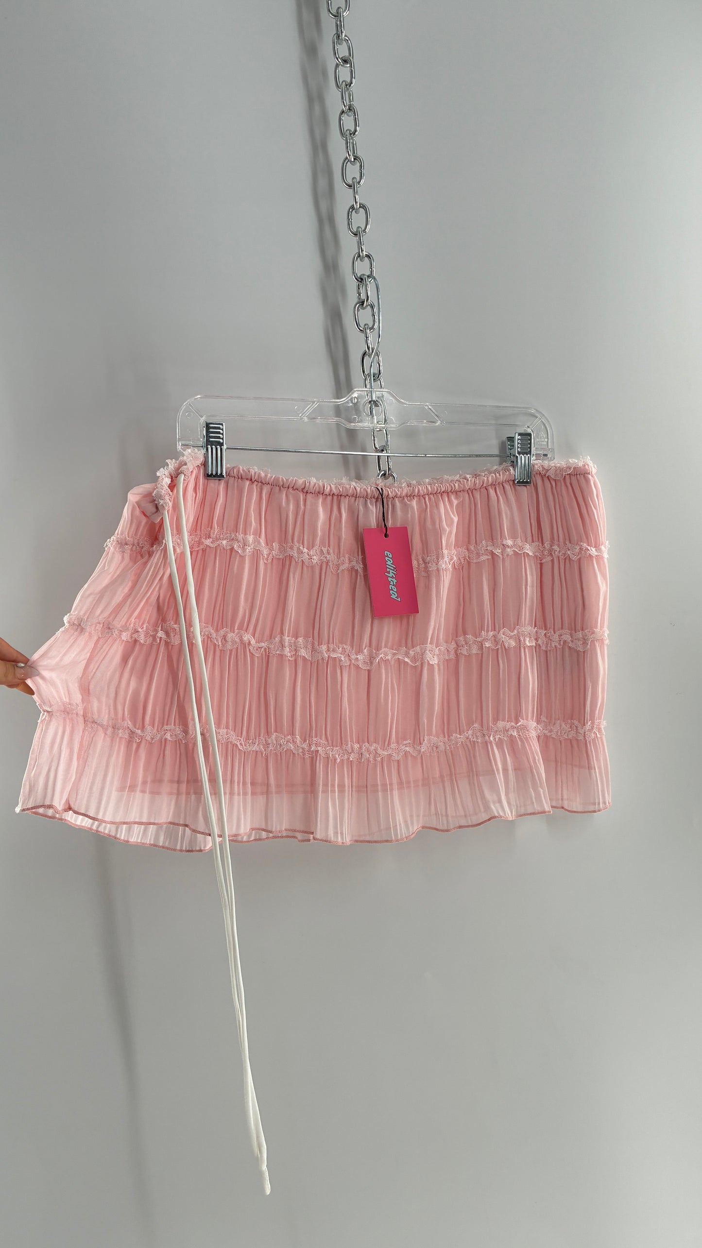EDIKTED Pink Crimped Side Tie Micro Mini Skirt with Tags Attached (Large)