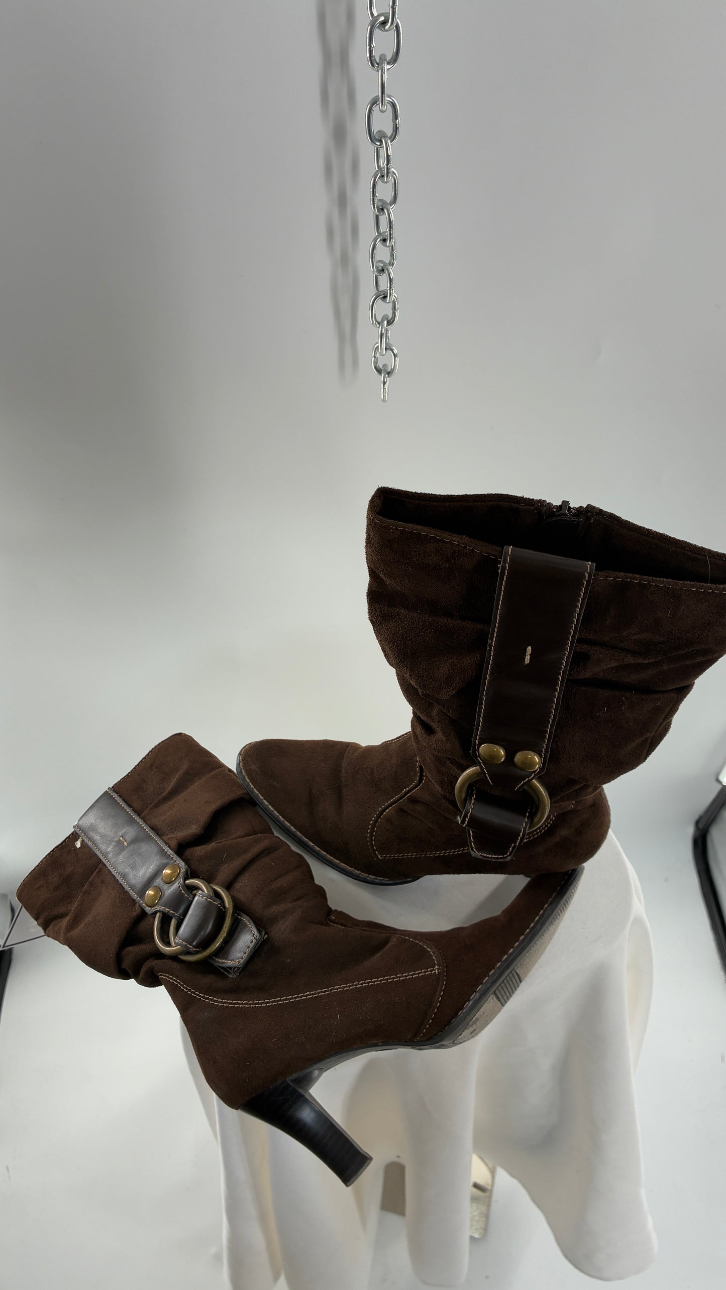 Vintage PREDICTIONS Vegan Suede Brown Stacked Boots with Buckle Detail (6.5)