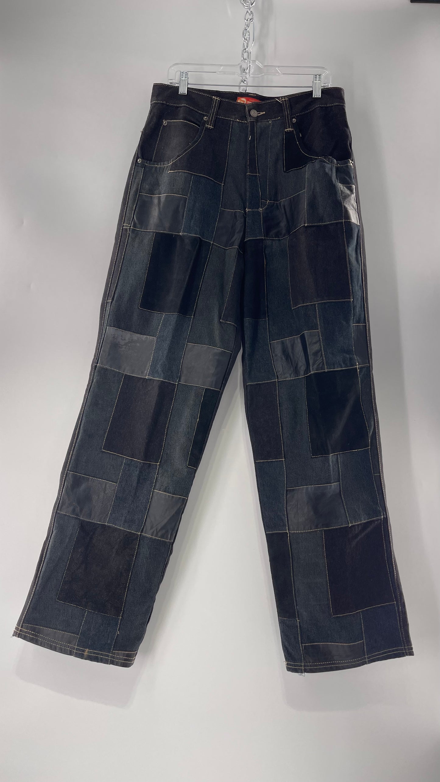Vintage Original Davoucci Dark Wash Denim with Suede Leather Checker Patchwork Front (34x33)
