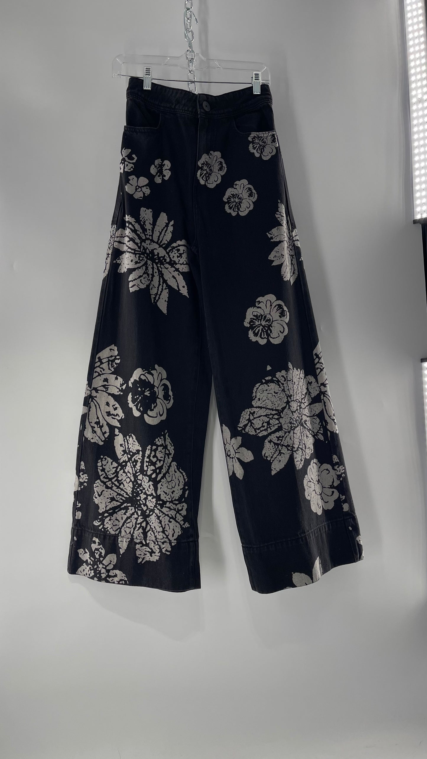 Free People Black Wide Leg Jeans with White Hibiscus Floral Design (29)