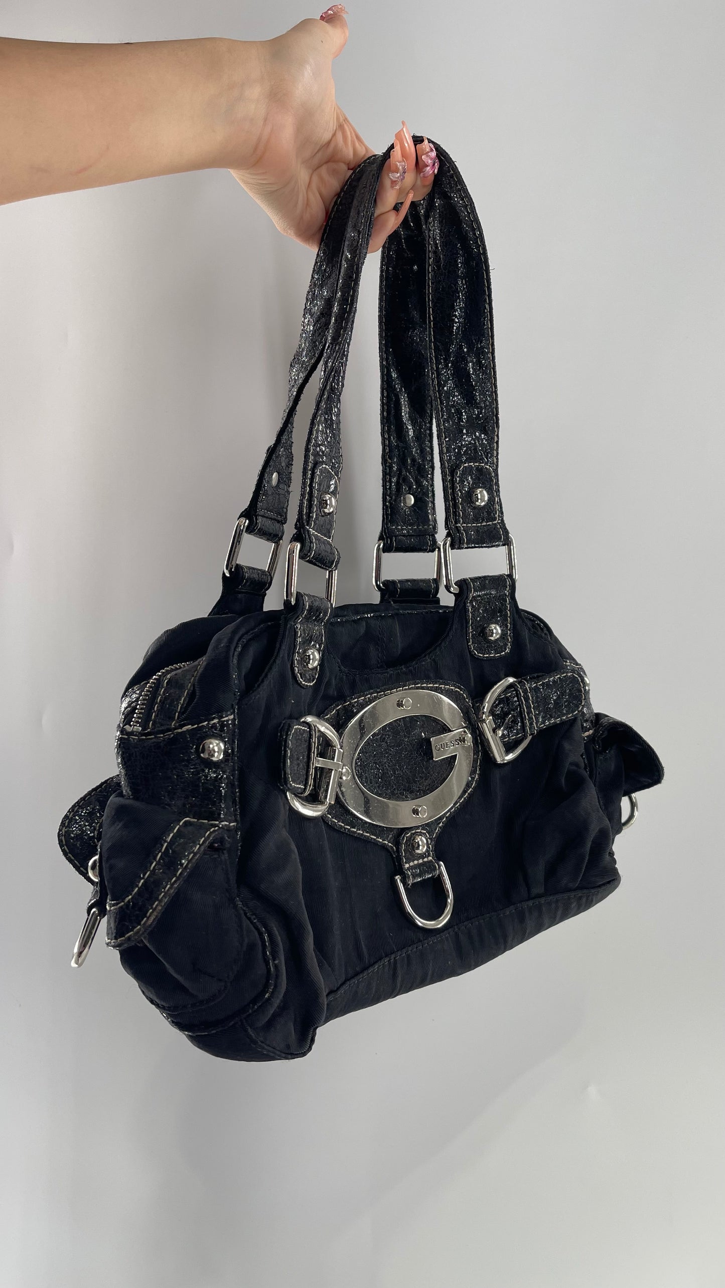 Vintage 1990s Black Fabric Guess Purse with 3 Sections and Oversized Silver Metal Logo Buckle