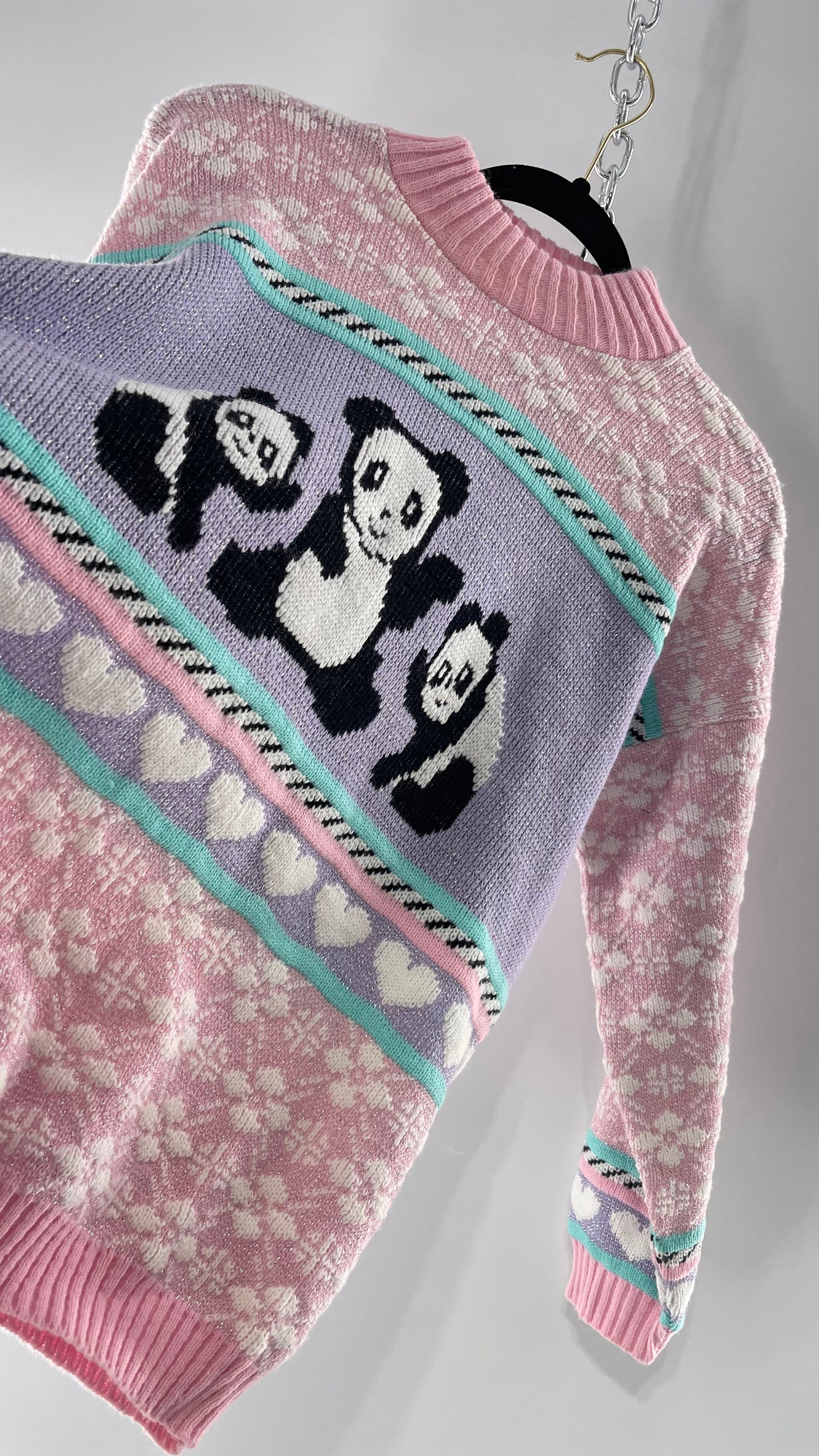 RARE 80s Vintage Adele Pastel Pink, Purple, Mint Silver Tinsel Sweater with Anime/Manga Art Style Pandas (Medium)