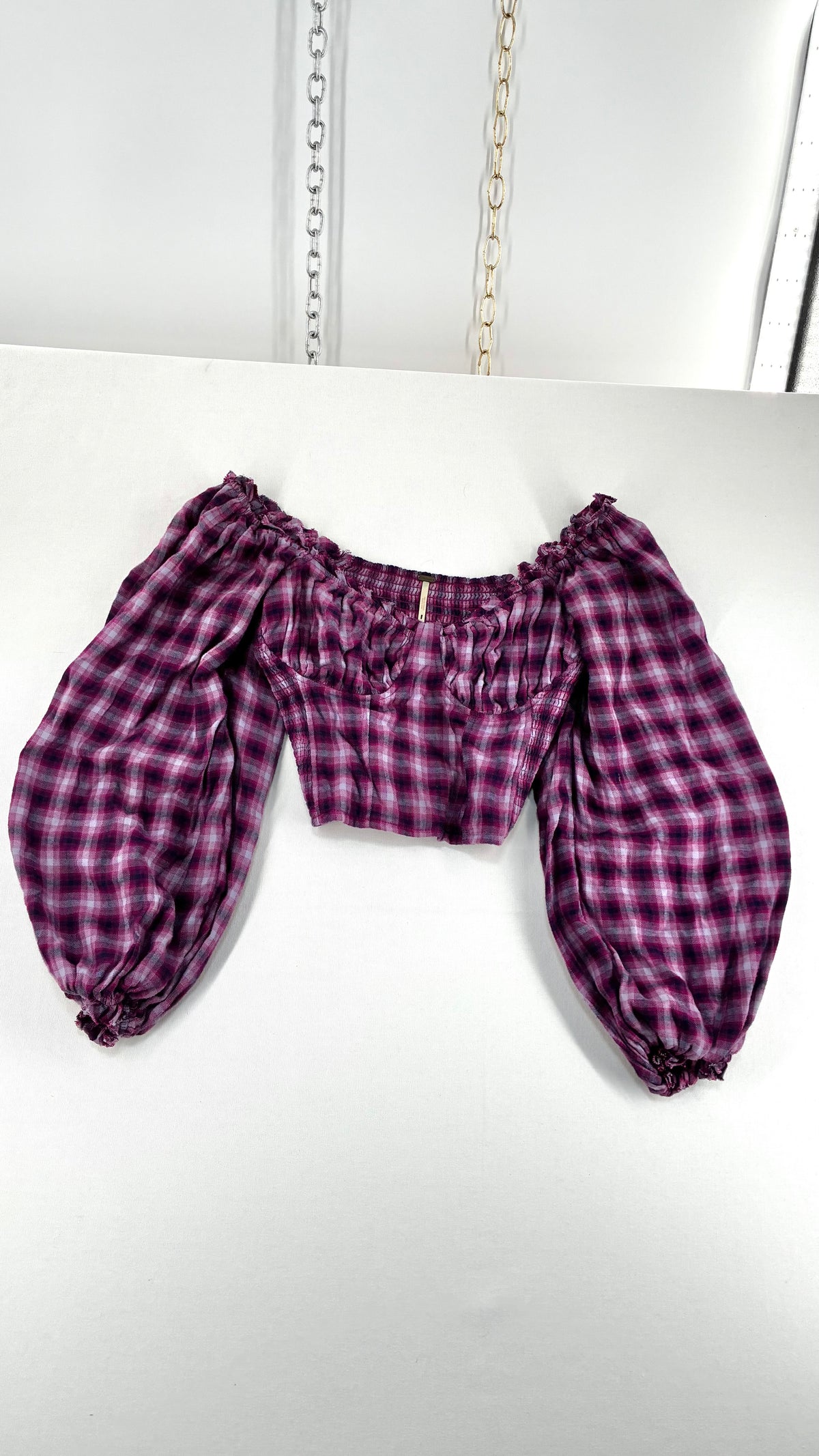 Free People Purple Plaid Bubble Sleeve Blouse with Milkmaid Bust (Small)