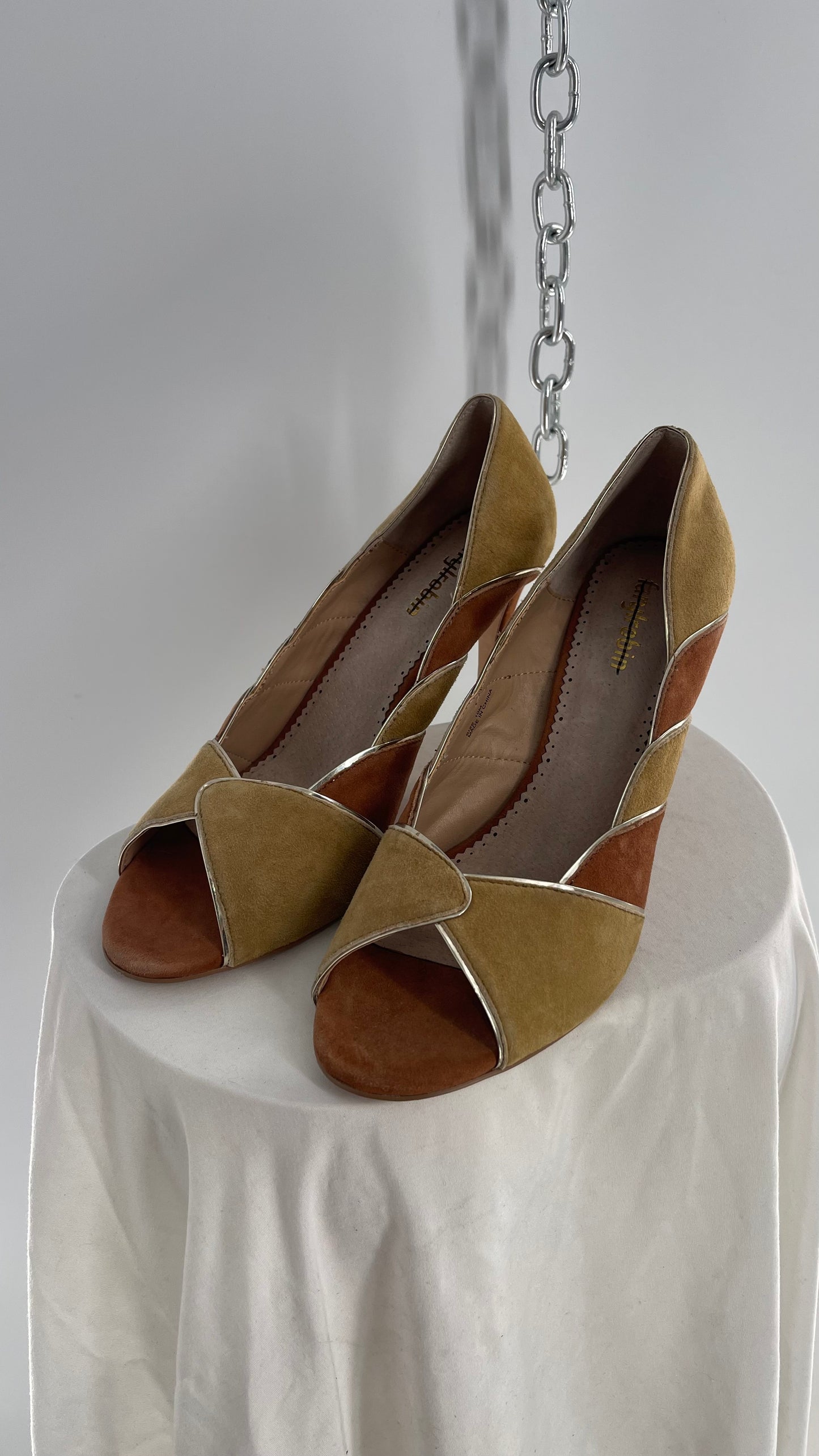 Faryl Robin Anthropologie Suede Brown/Tan Metallic Trim Peep Toe Heels (10)