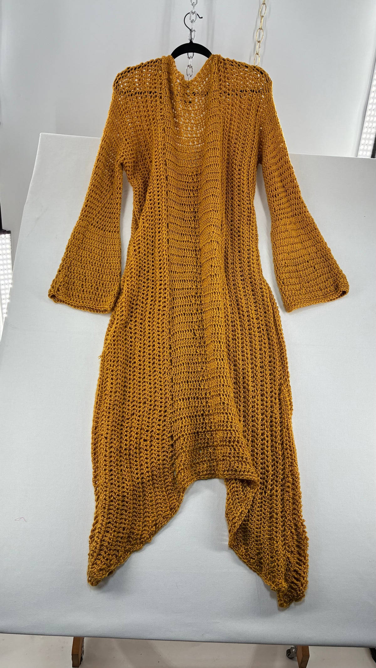 Vintage AUDRIE DESIGNS Mustard Crochet Bell Sleeve Duster Sweater Gown, Hand Knit  (OS)