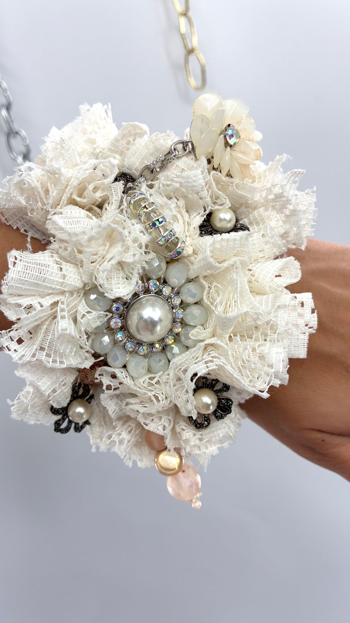 Handmade Oversized Ivory Lace Rosette & Jeweled Charm Statement Cuff