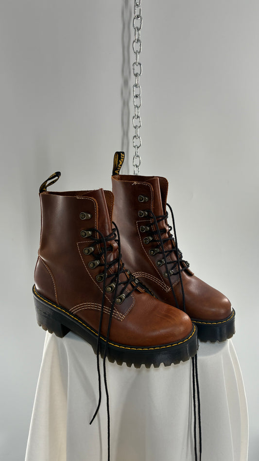 DR. MARTENS Leona Saddle Leather Platform Boots (9L)