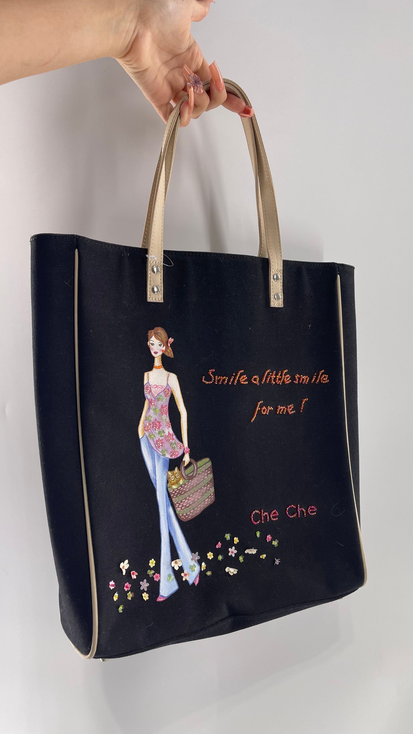 Vintage 1990s Che Che Black Tote Bag with Beaded “Smile a little smile for me!” Motif