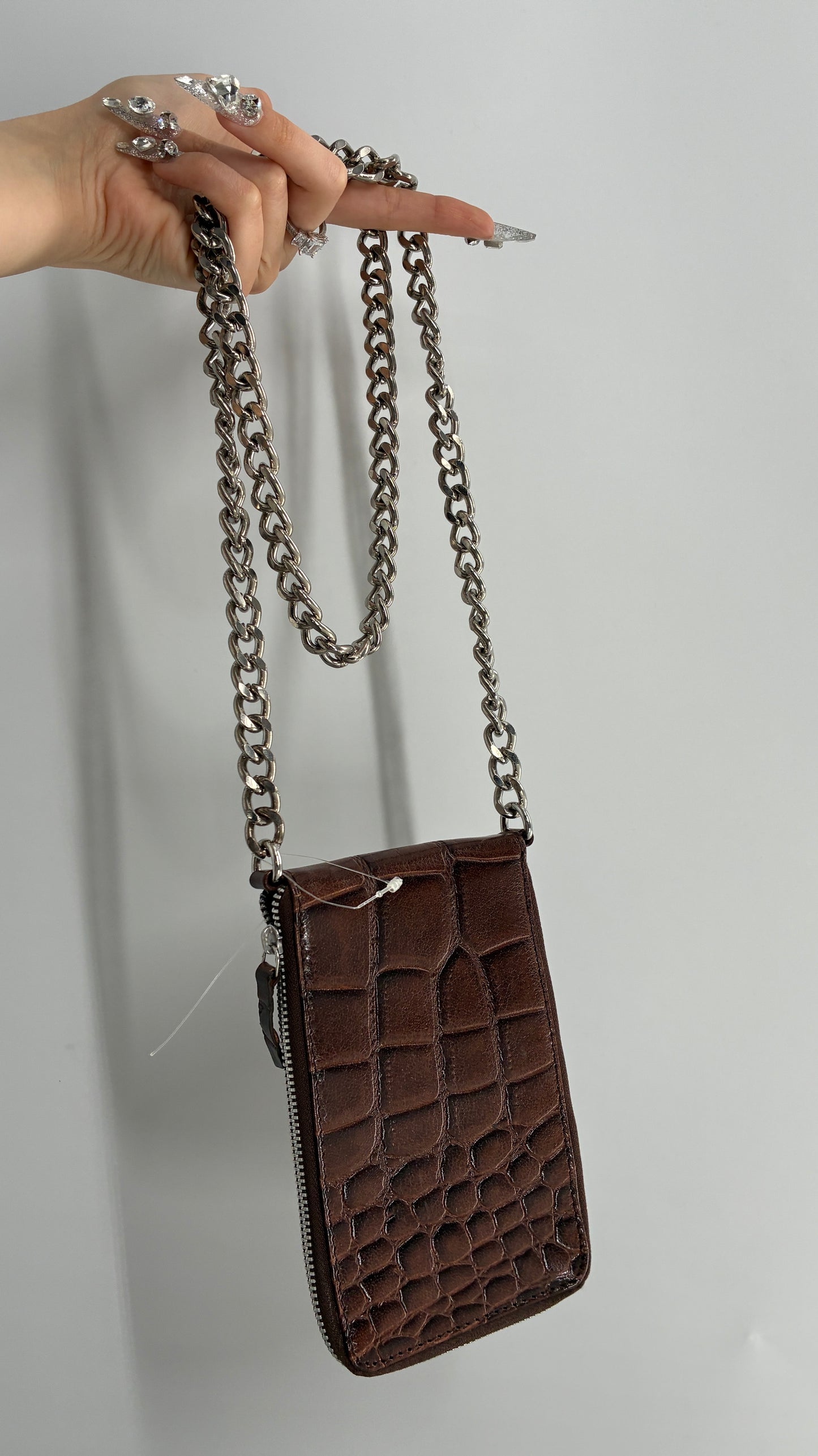 Free People Brown Crocodile Embossed Leather Phone Case Purse