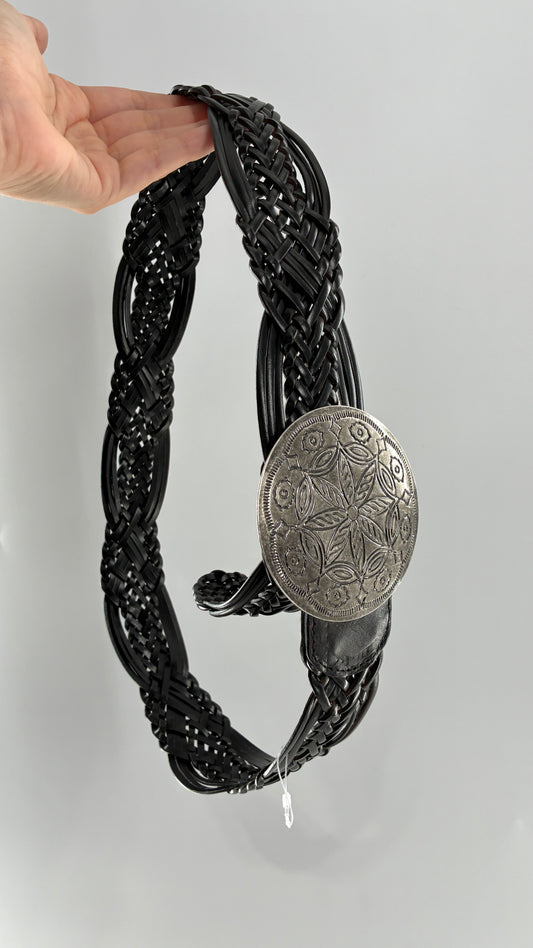 Vintage New York & Company Black Braided Leather Belt with Engraved Metal Buckle (Medium)