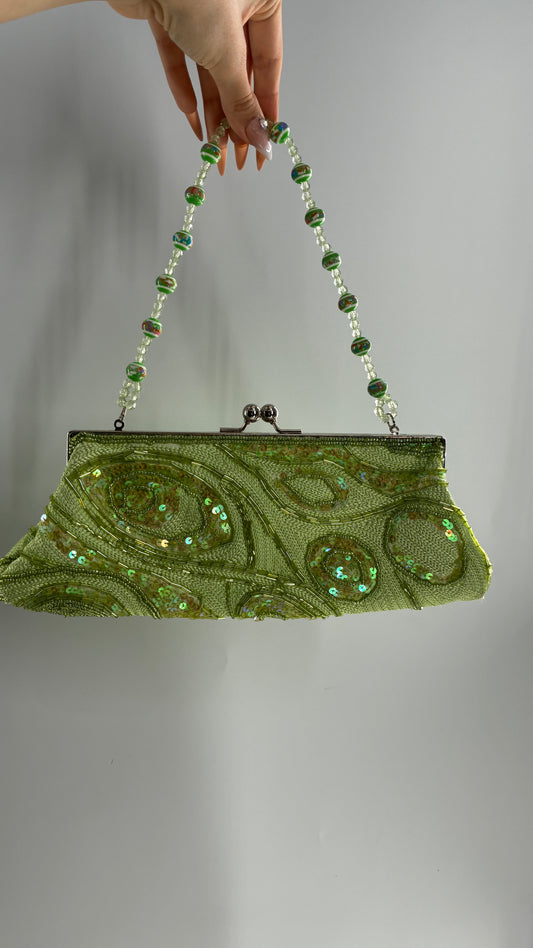 Vintage 1990s Light Green Knit Shoulder Purse with Sequins and Beaded Details